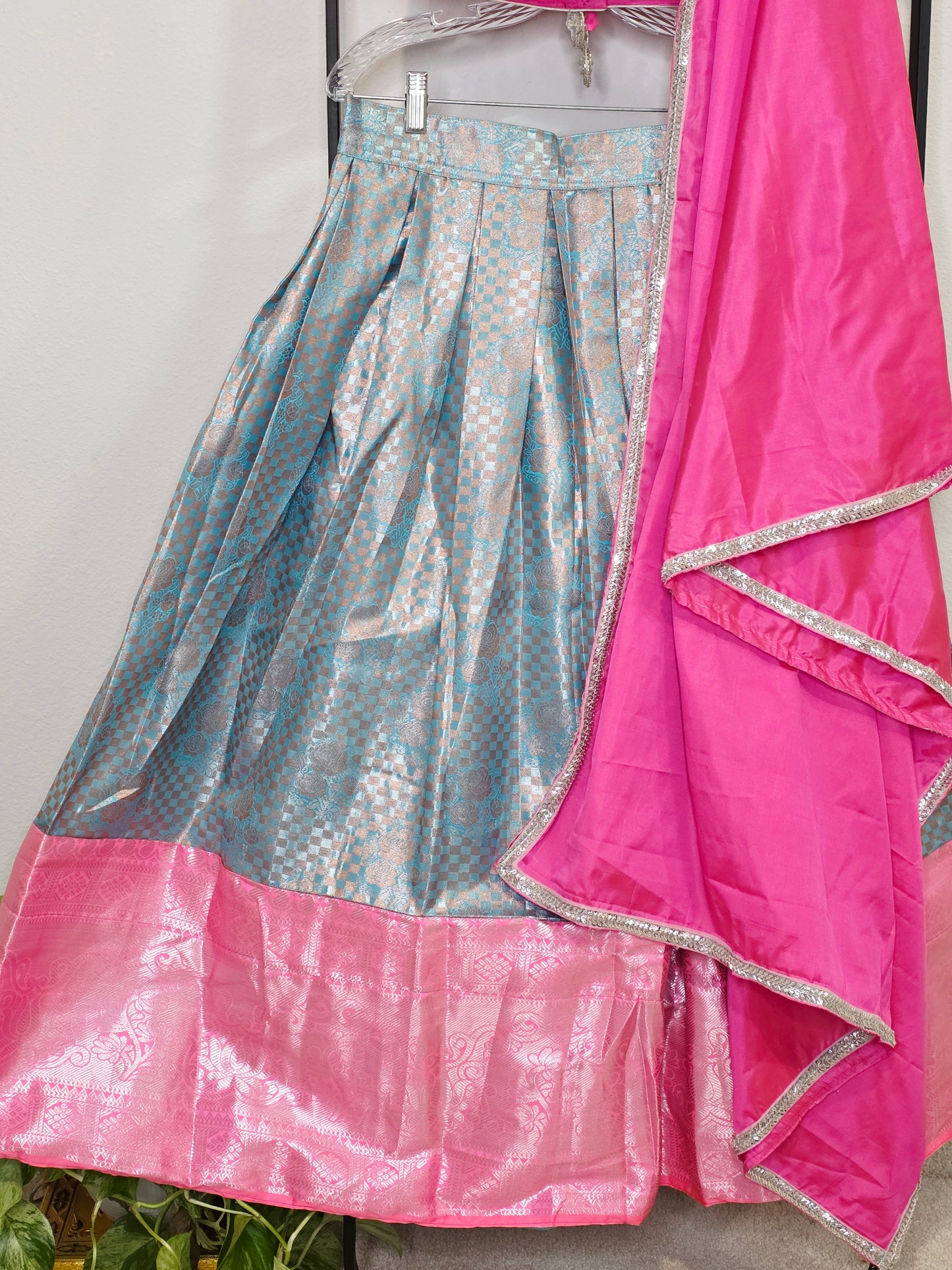 Rose Pink & Aqua Blue Semi Kanchi Silk Lehenga Set for Juniors | Ready to Wear | Age 11+