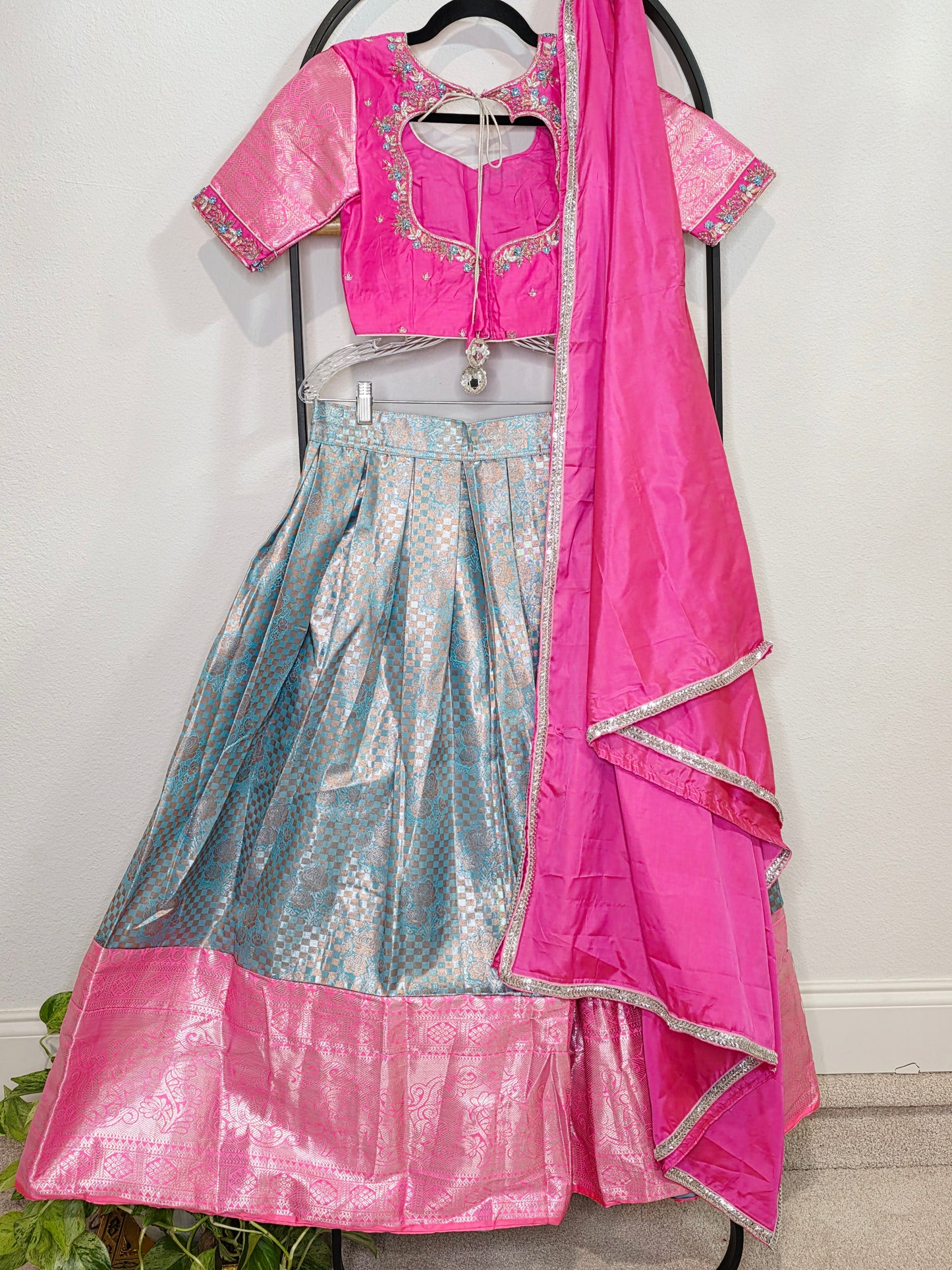 Rose Pink & Aqua Blue Semi Kanchi Silk Lehenga Set for Juniors | Ready to Wear | Age 11+