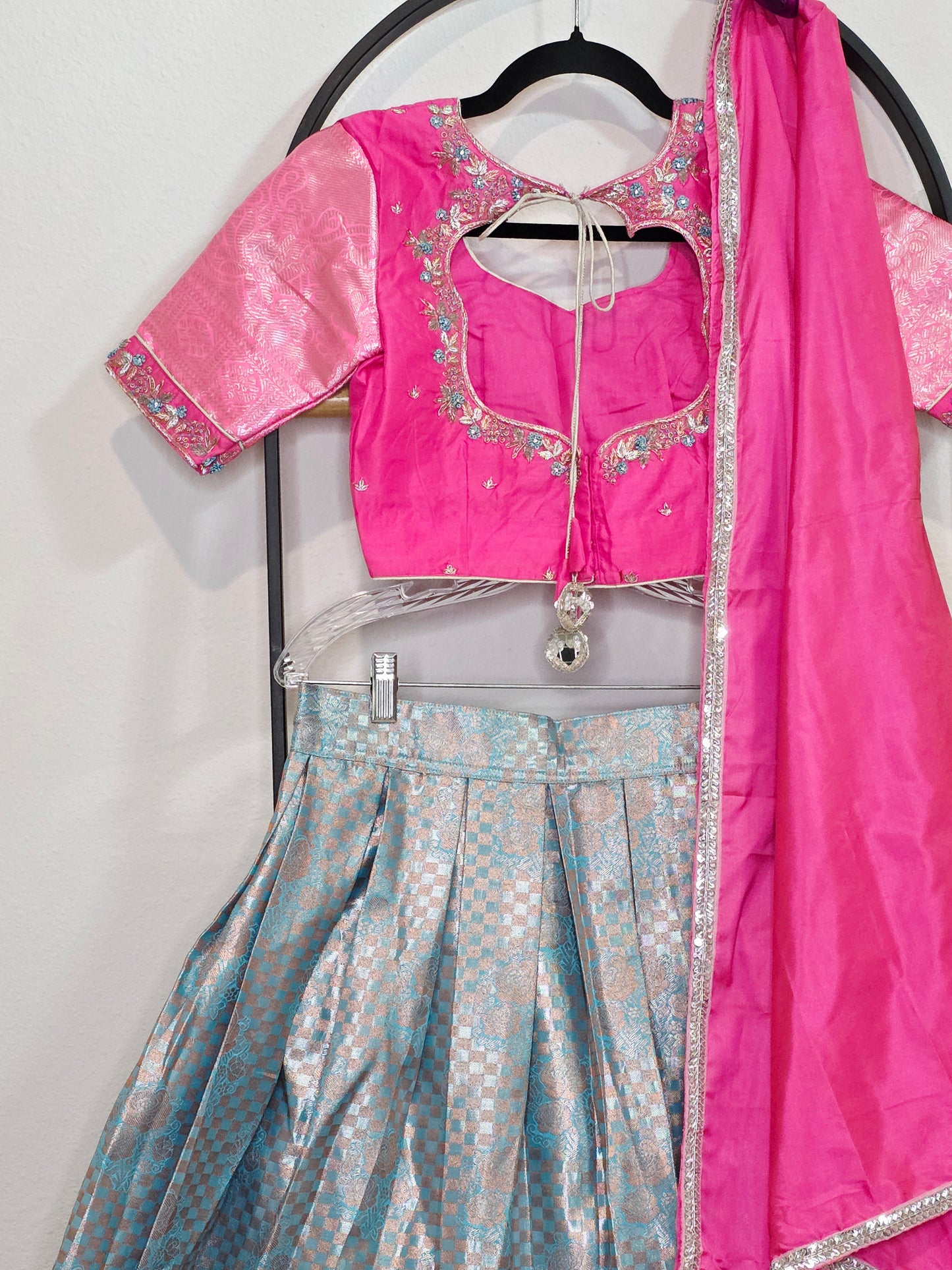 Rose Pink & Aqua Blue Semi Kanchi Silk Lehenga Set for Juniors | Ready to Wear | Age 11+