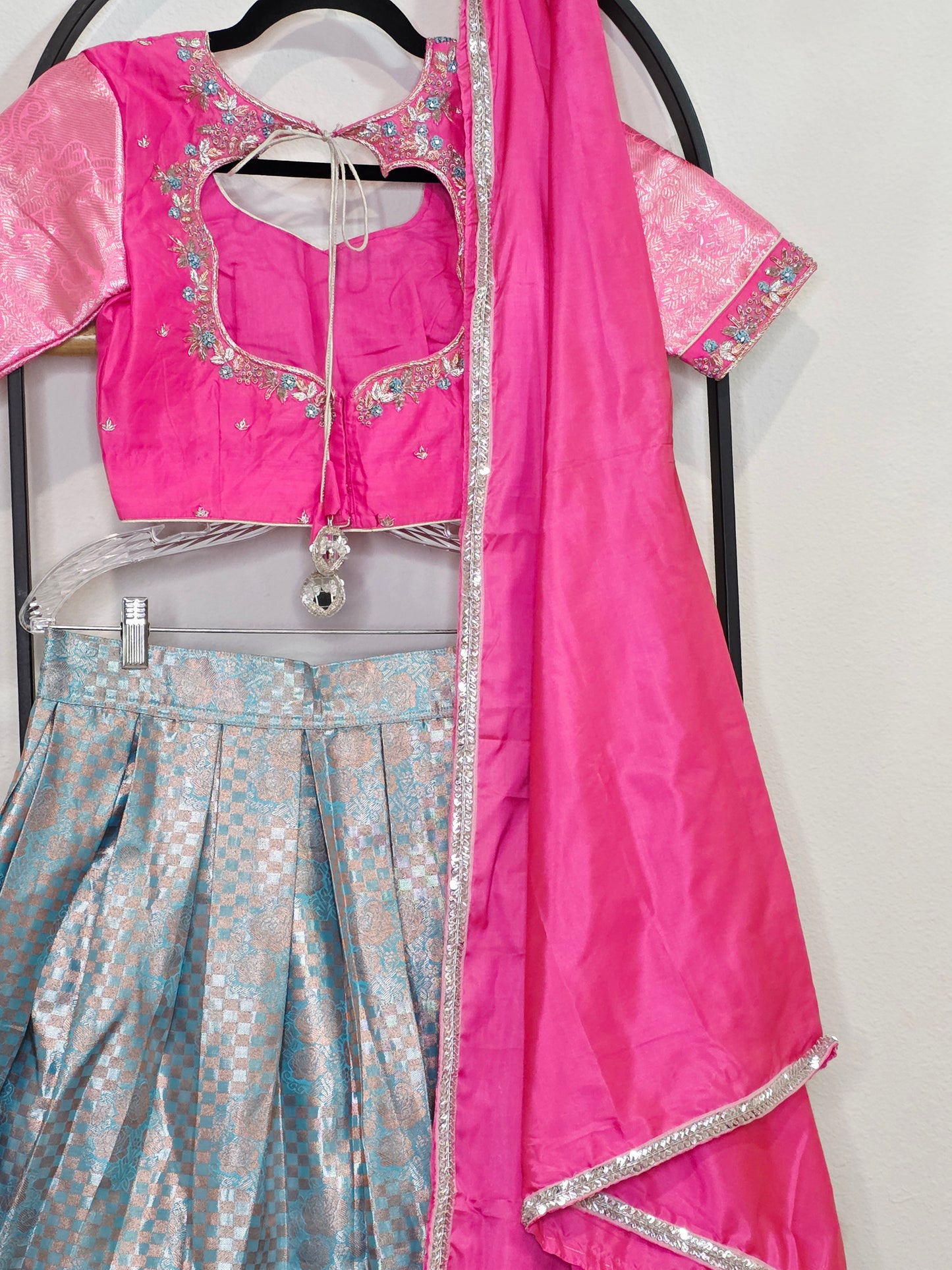 Rose Pink & Aqua Blue Semi Kanchi Silk Lehenga Set for Juniors | Ready to Wear | Age 11+