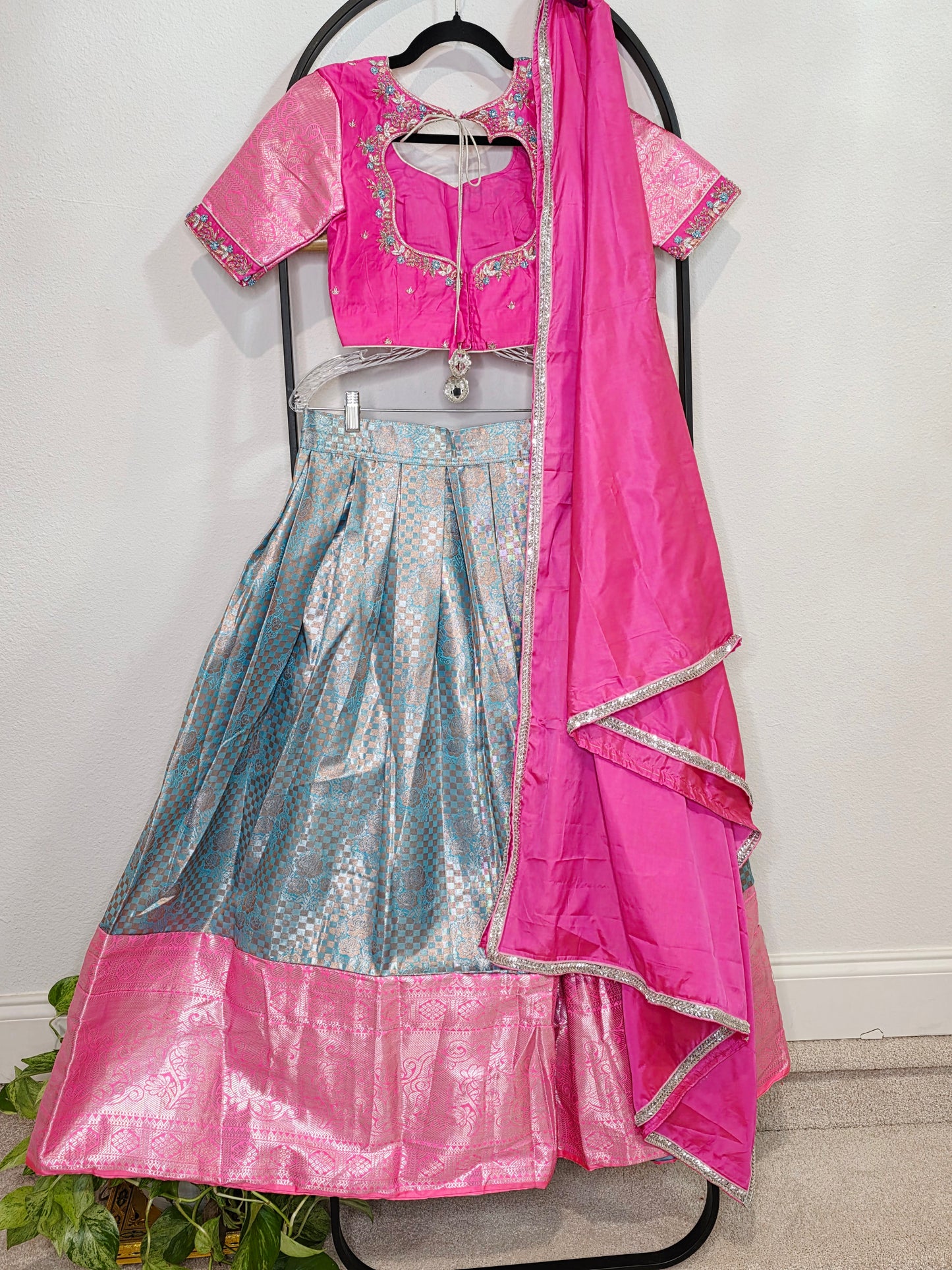 Rose Pink & Aqua Blue Semi Kanchi Silk Lehenga Set for Juniors | Ready to Wear | Age 11+