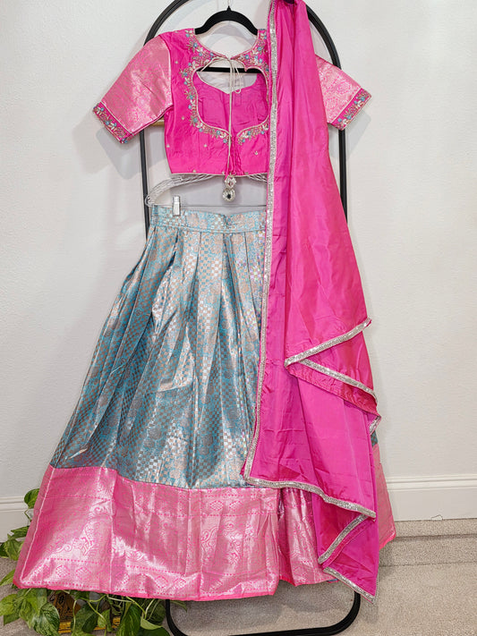 Rose Pink & Aqua Blue Semi Kanchi Silk Lehenga Set for Juniors | Ready to Wear | Age 11+
