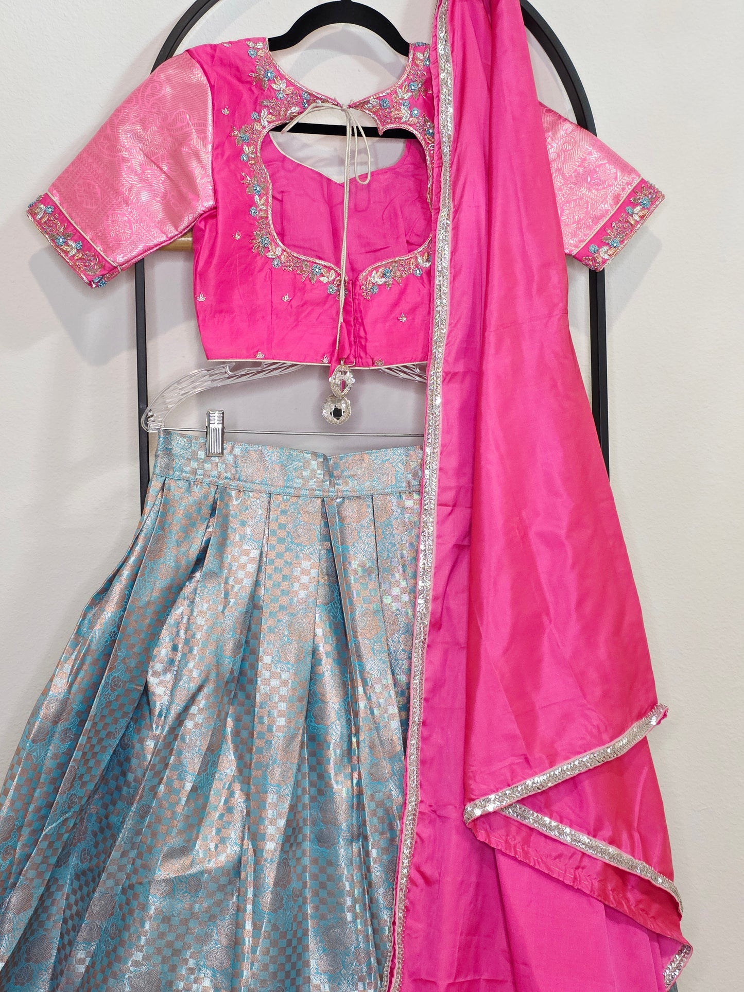 Rose Pink & Aqua Blue Semi Kanchi Silk Lehenga Set for Juniors | Ready to Wear | Age 11+