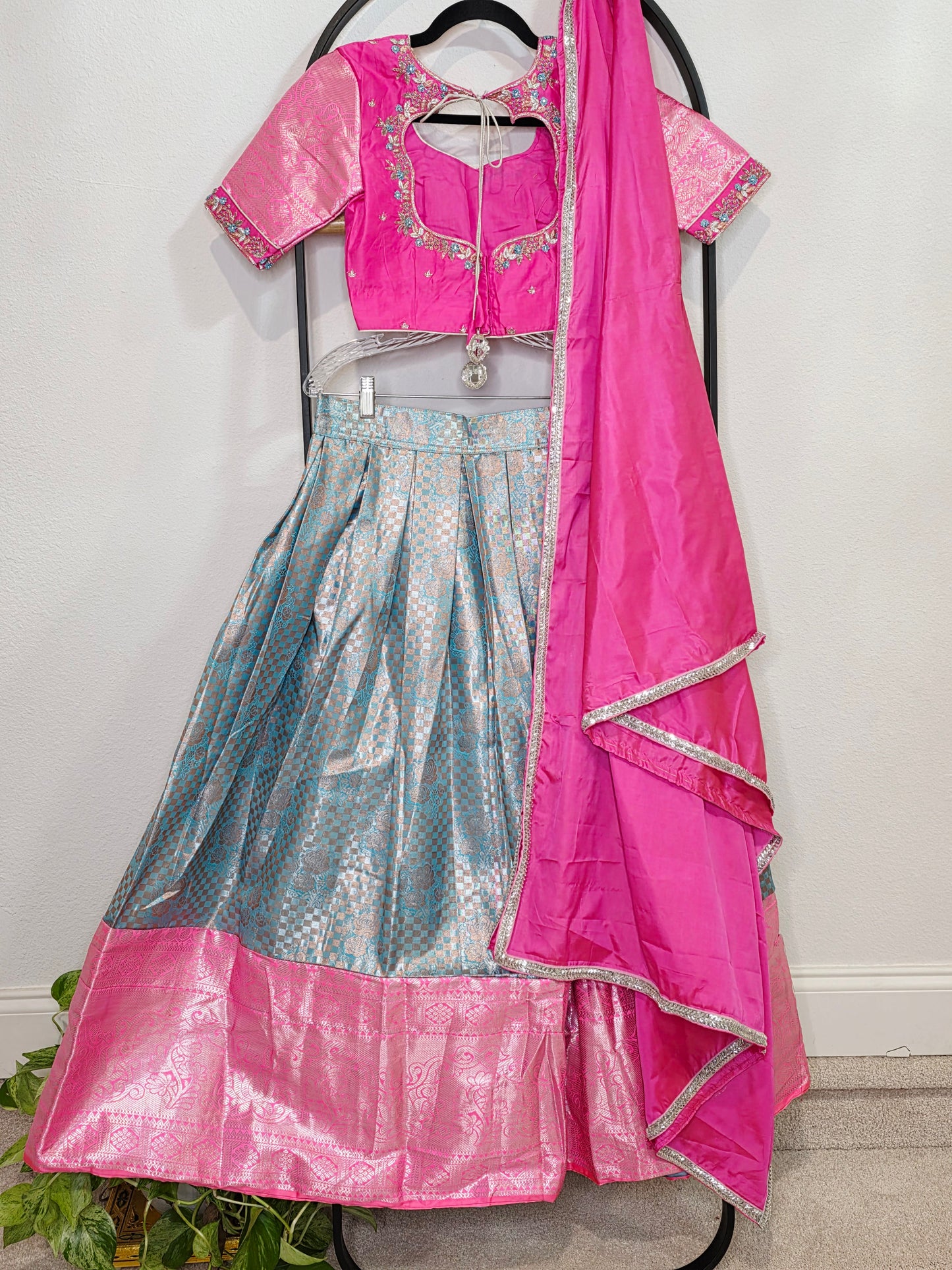Rose Pink & Aqua Blue Semi Kanchi Silk Lehenga Set for Juniors | Ready to Wear | Age 11+