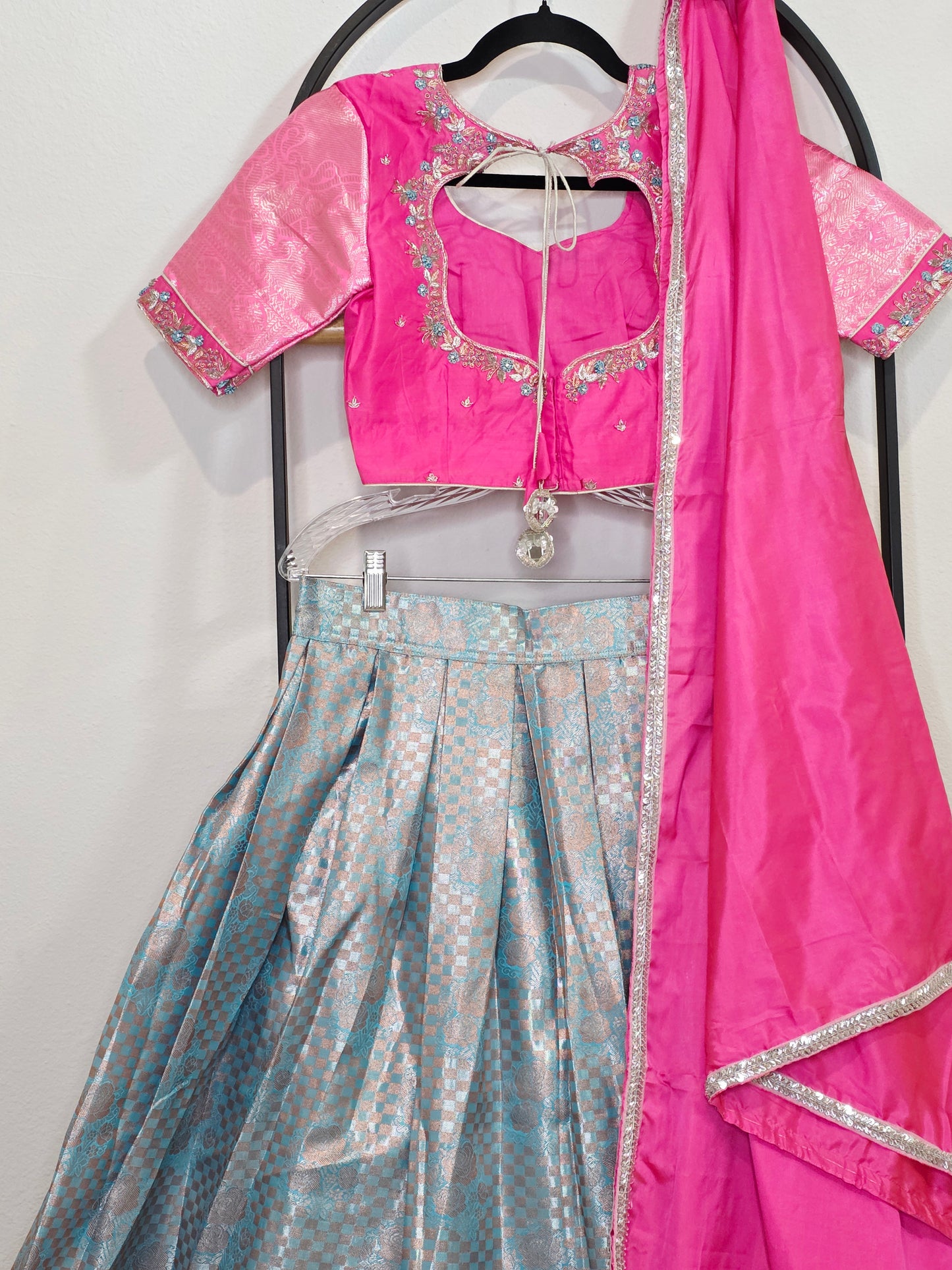 Rose Pink & Aqua Blue Semi Kanchi Silk Lehenga Set for Juniors | Ready to Wear | Age 11+