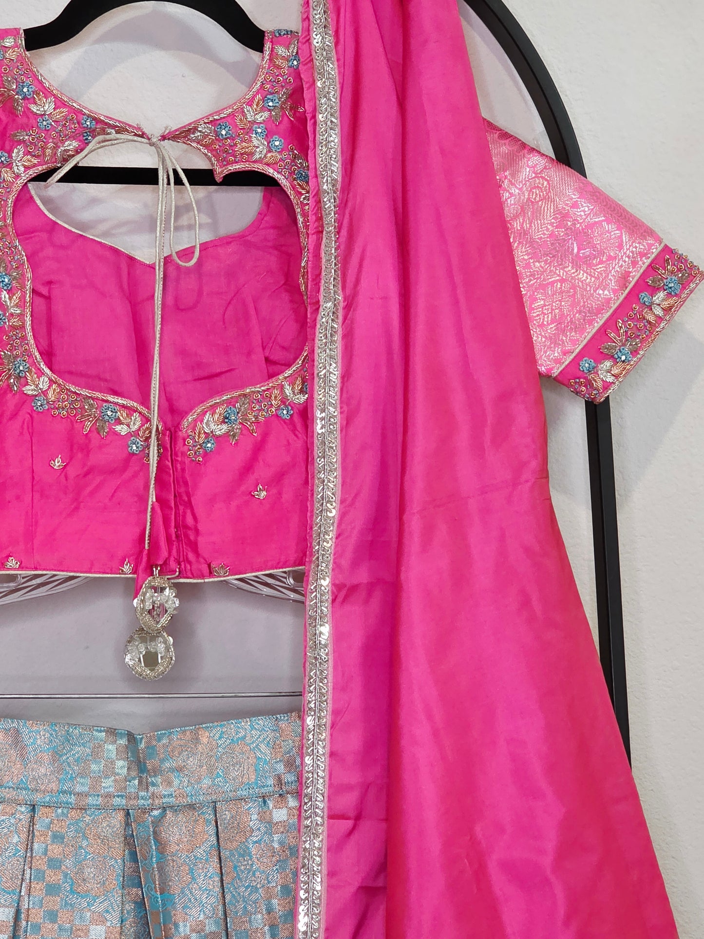 Rose Pink & Aqua Blue Semi Kanchi Silk Lehenga Set for Juniors | Ready to Wear | Age 11+