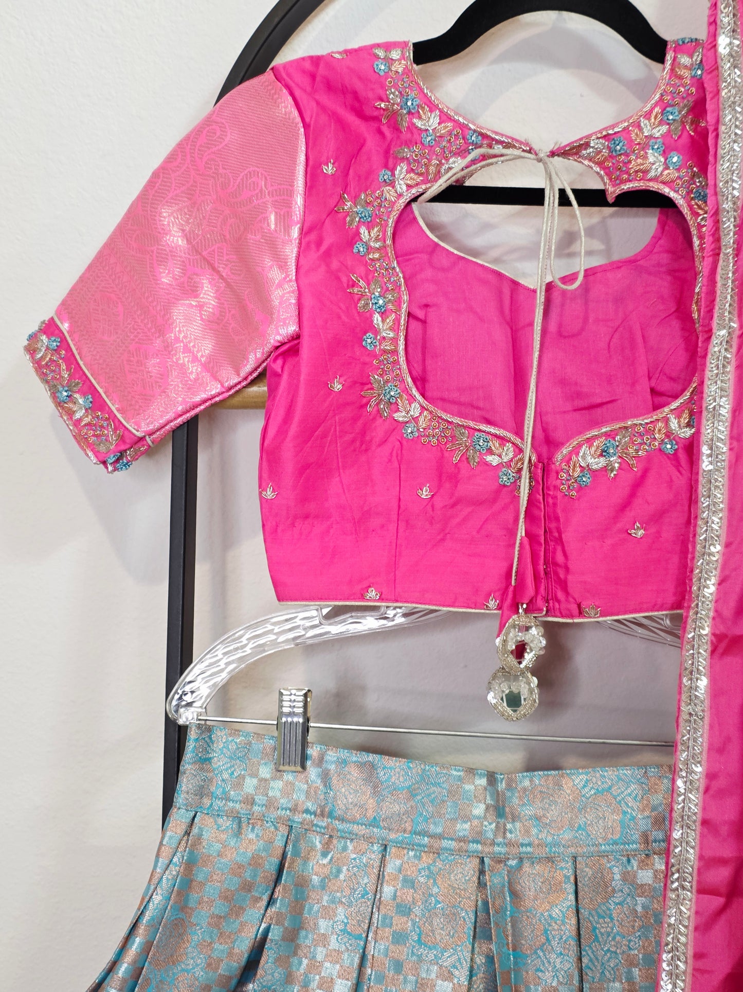 Rose Pink & Aqua Blue Semi Kanchi Silk Lehenga Set for Juniors | Ready to Wear | Age 11+