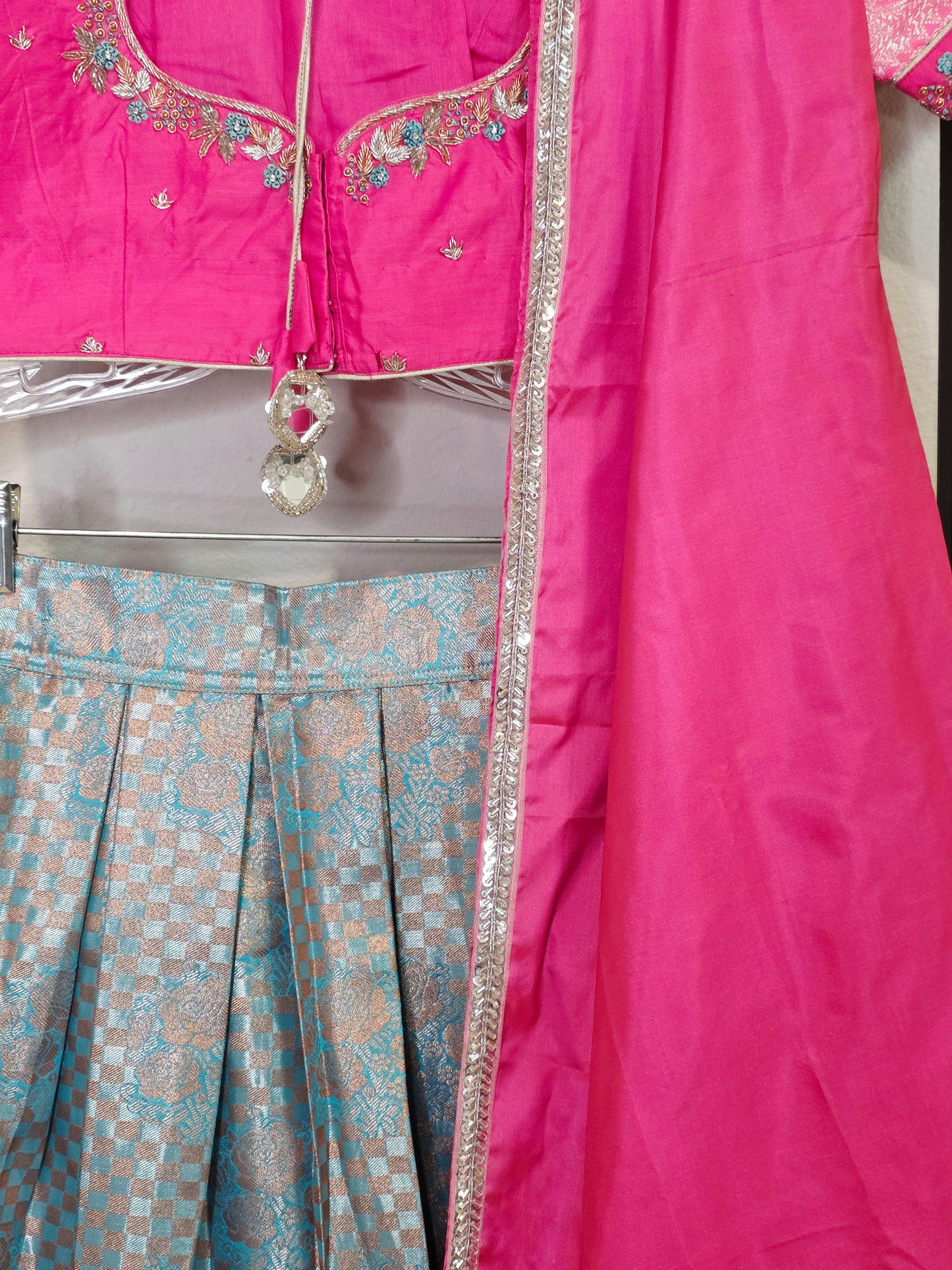 Rose Pink & Aqua Blue Semi Kanchi Silk Lehenga Set for Juniors | Ready to Wear | Age 11+