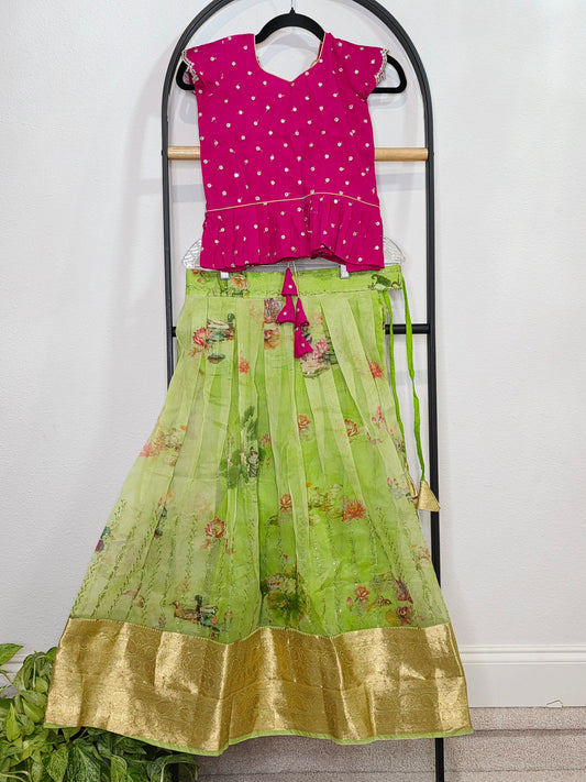Green Organza Lehenga with Pink Chinnon Chiffon Blouse for Girls (Age 7–8)