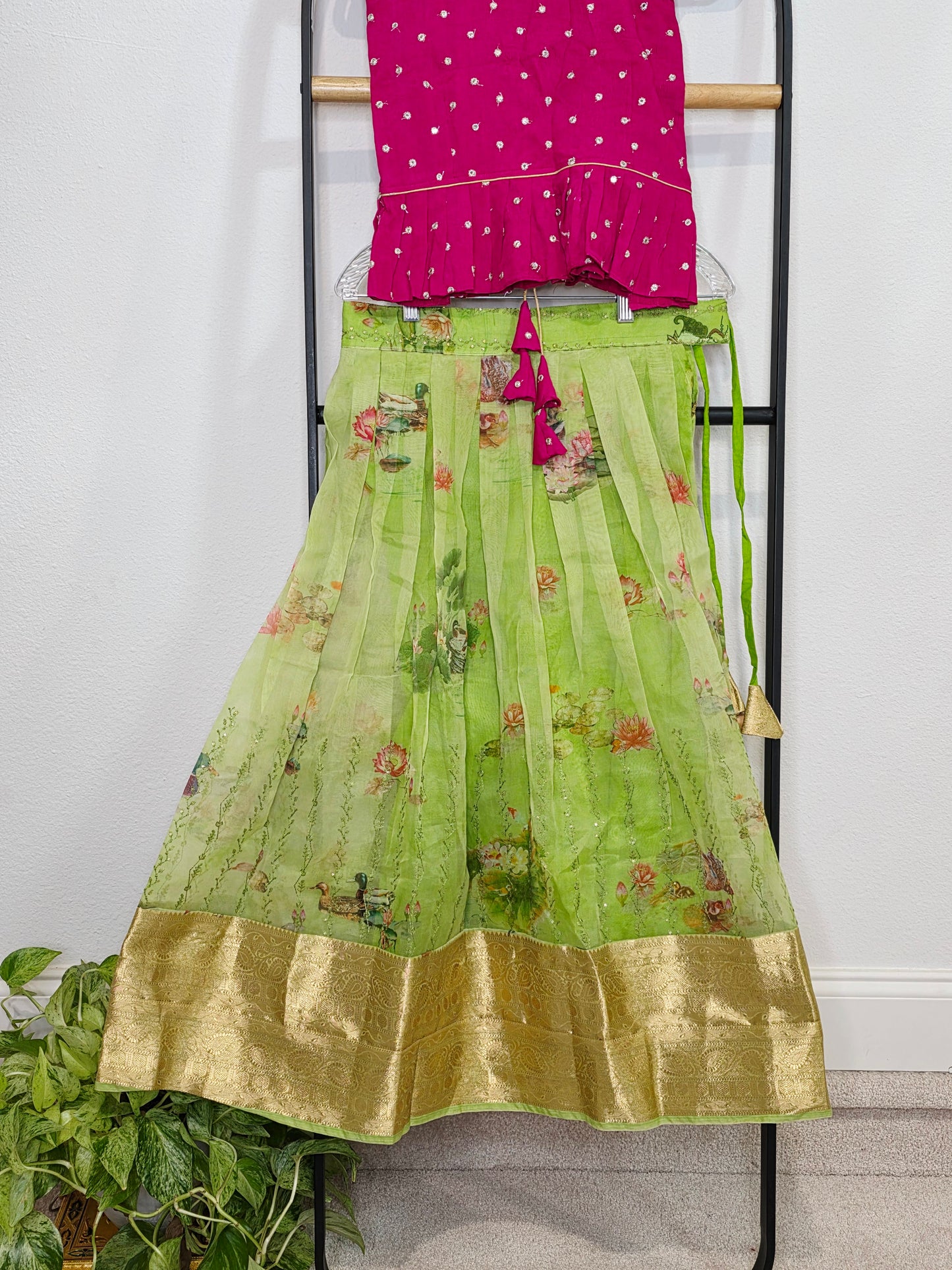 Green Organza Lehenga with Pink Chinnon Chiffon Blouse for Girls (Age 7–8)