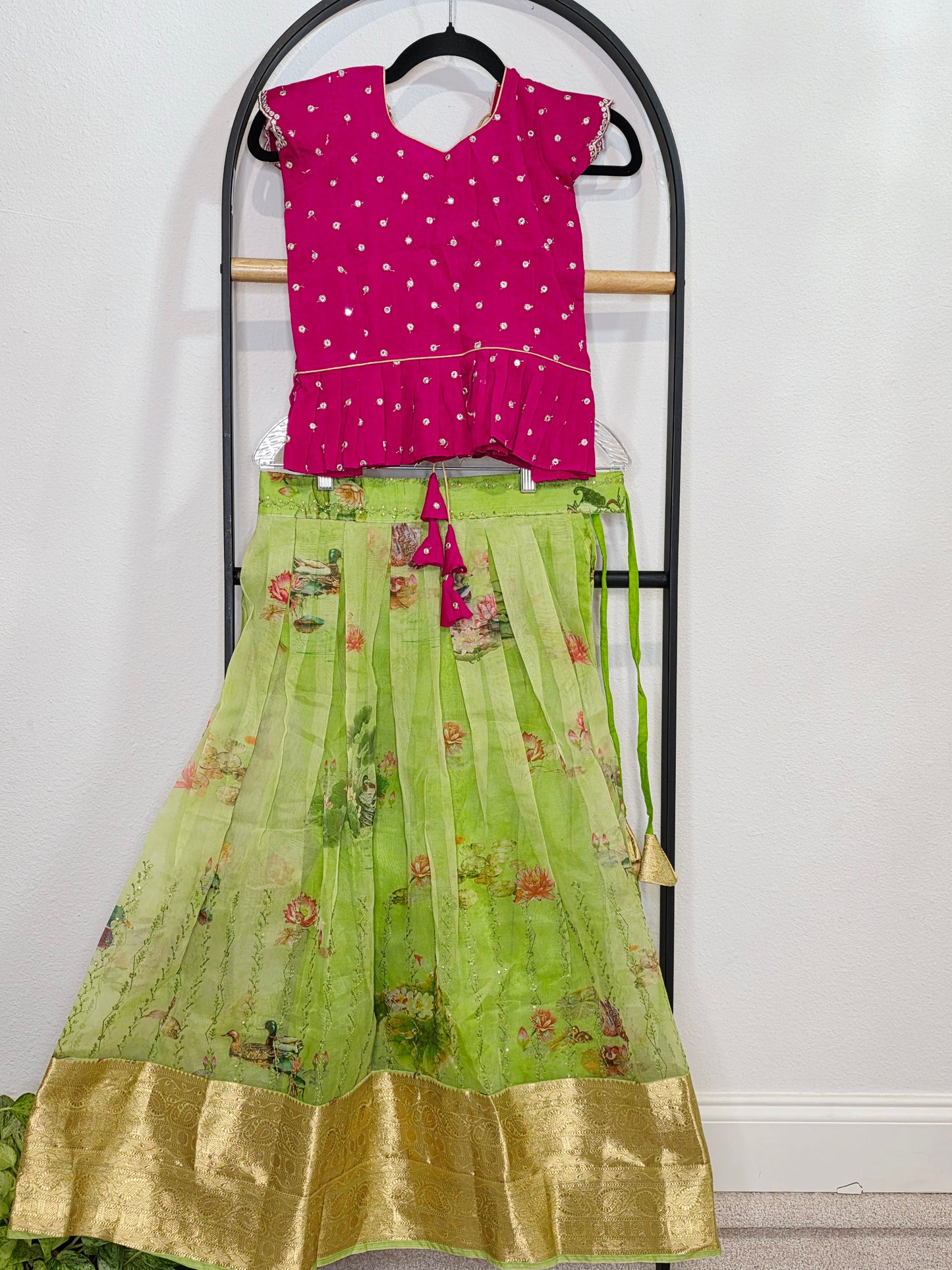 Green Organza Lehenga with Pink Chinnon Chiffon Blouse for Girls (Age 7–8)