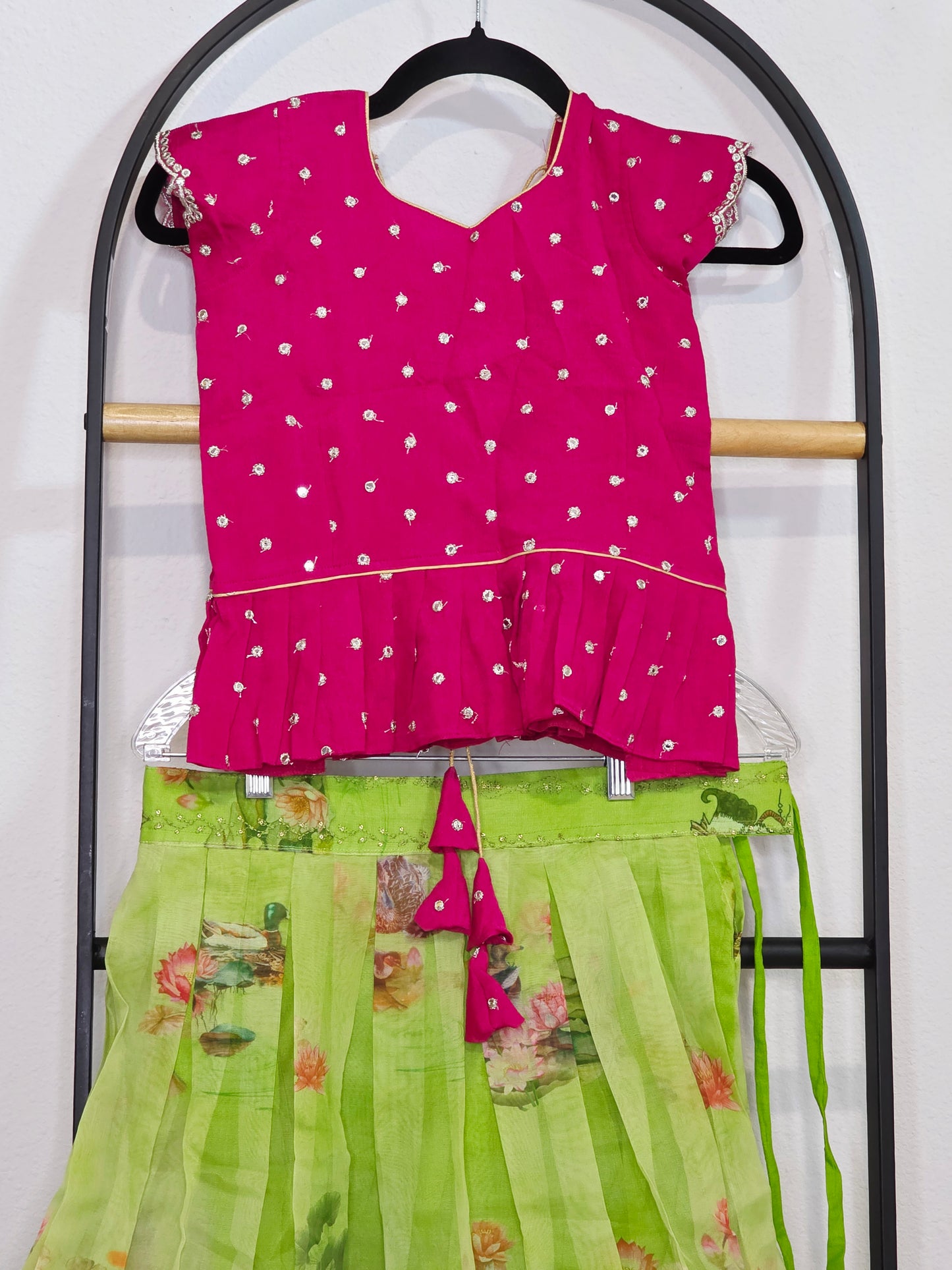 Green Organza Lehenga with Pink Chinnon Chiffon Blouse for Girls (Age 7–8)