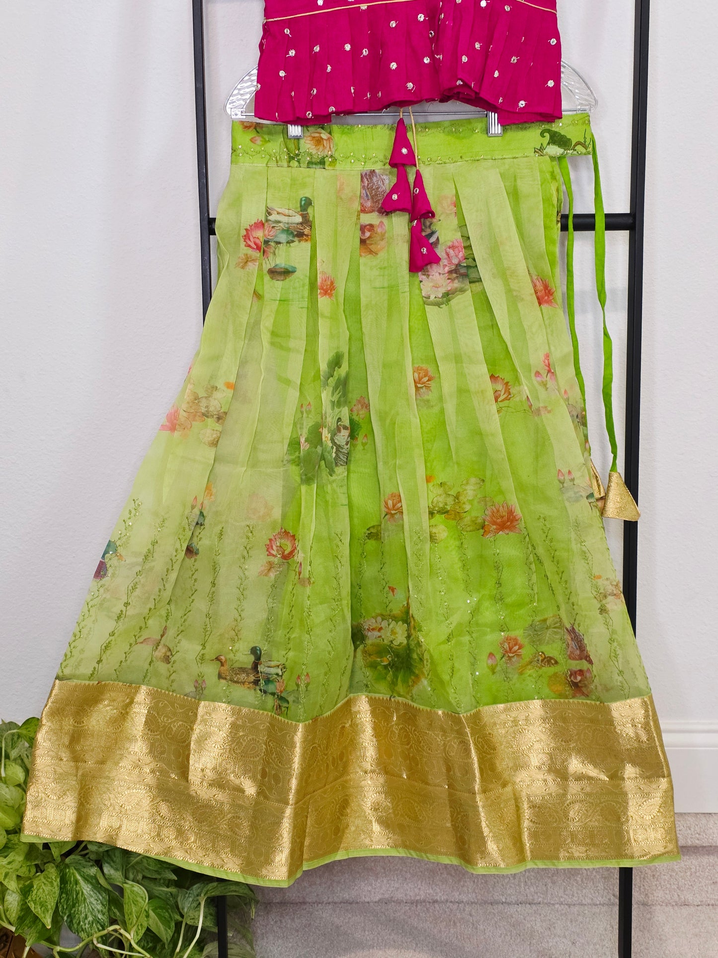 Green Organza Lehenga with Pink Chinnon Chiffon Blouse for Girls (Age 7–8)