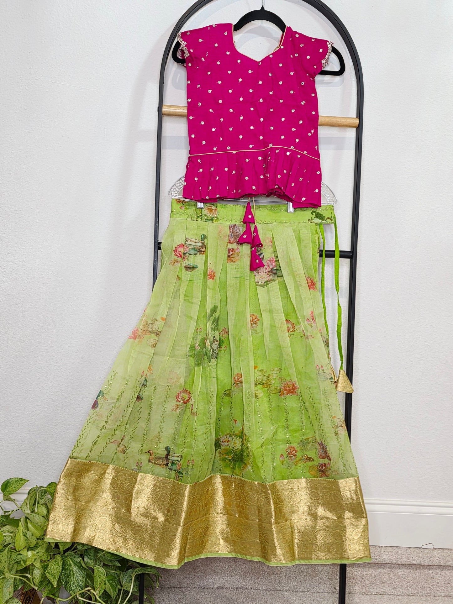 Green Organza Lehenga with Pink Chinnon Chiffon Blouse for Girls (Age 7–8)