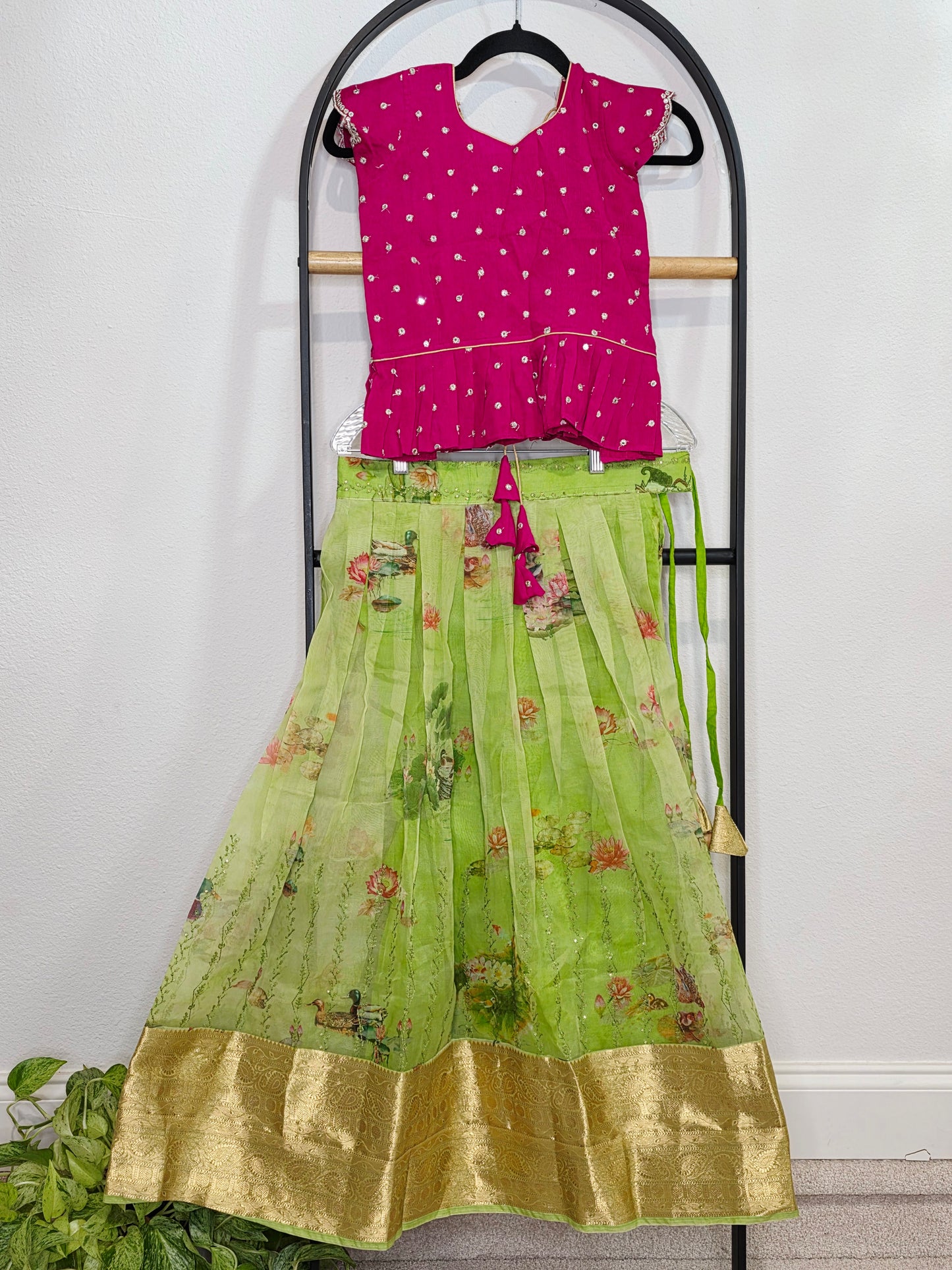 Green Organza Lehenga with Pink Chinnon Chiffon Blouse for Girls (Age 7–8)