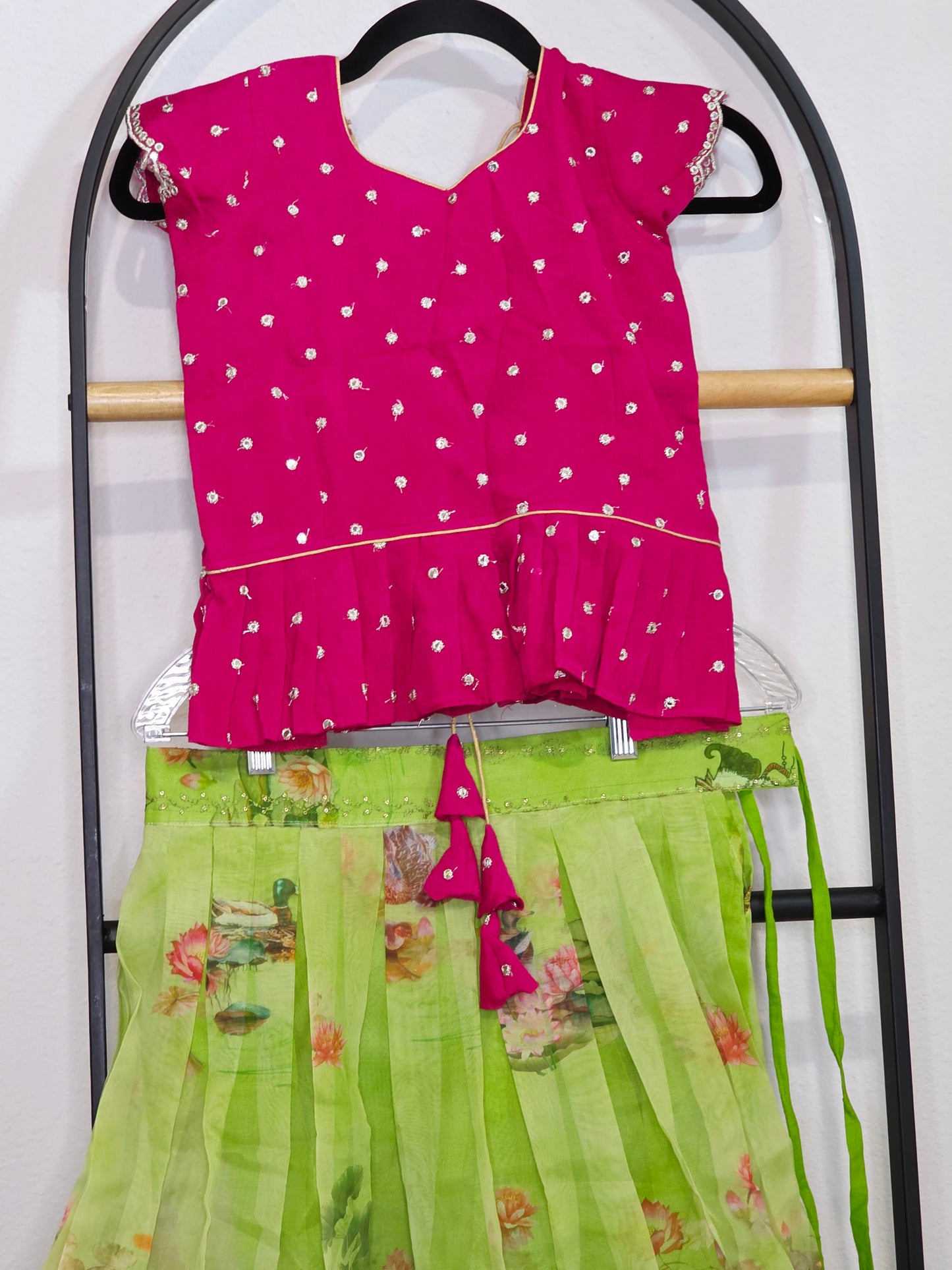Green Organza Lehenga with Pink Chinnon Chiffon Blouse for Girls (Age 7–8)