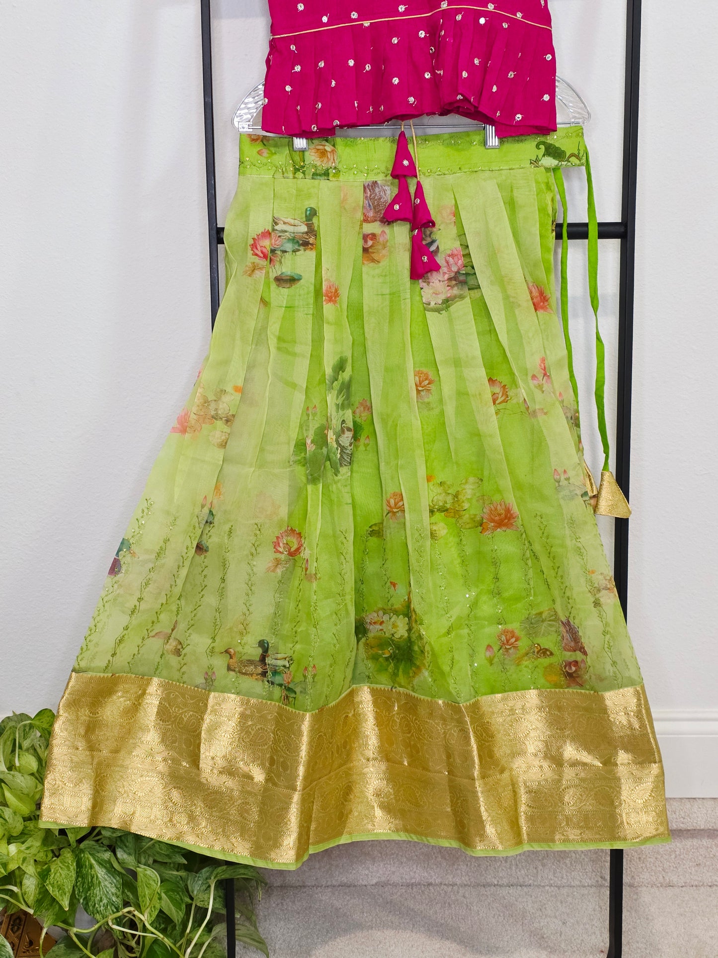 Green Organza Lehenga with Pink Chinnon Chiffon Blouse for Girls (Age 7–8)