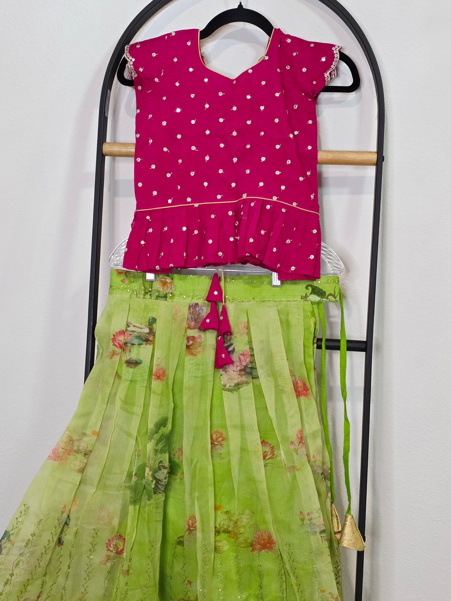 Green Organza Lehenga with Pink Chinnon Chiffon Blouse for Girls (Age 7–8)