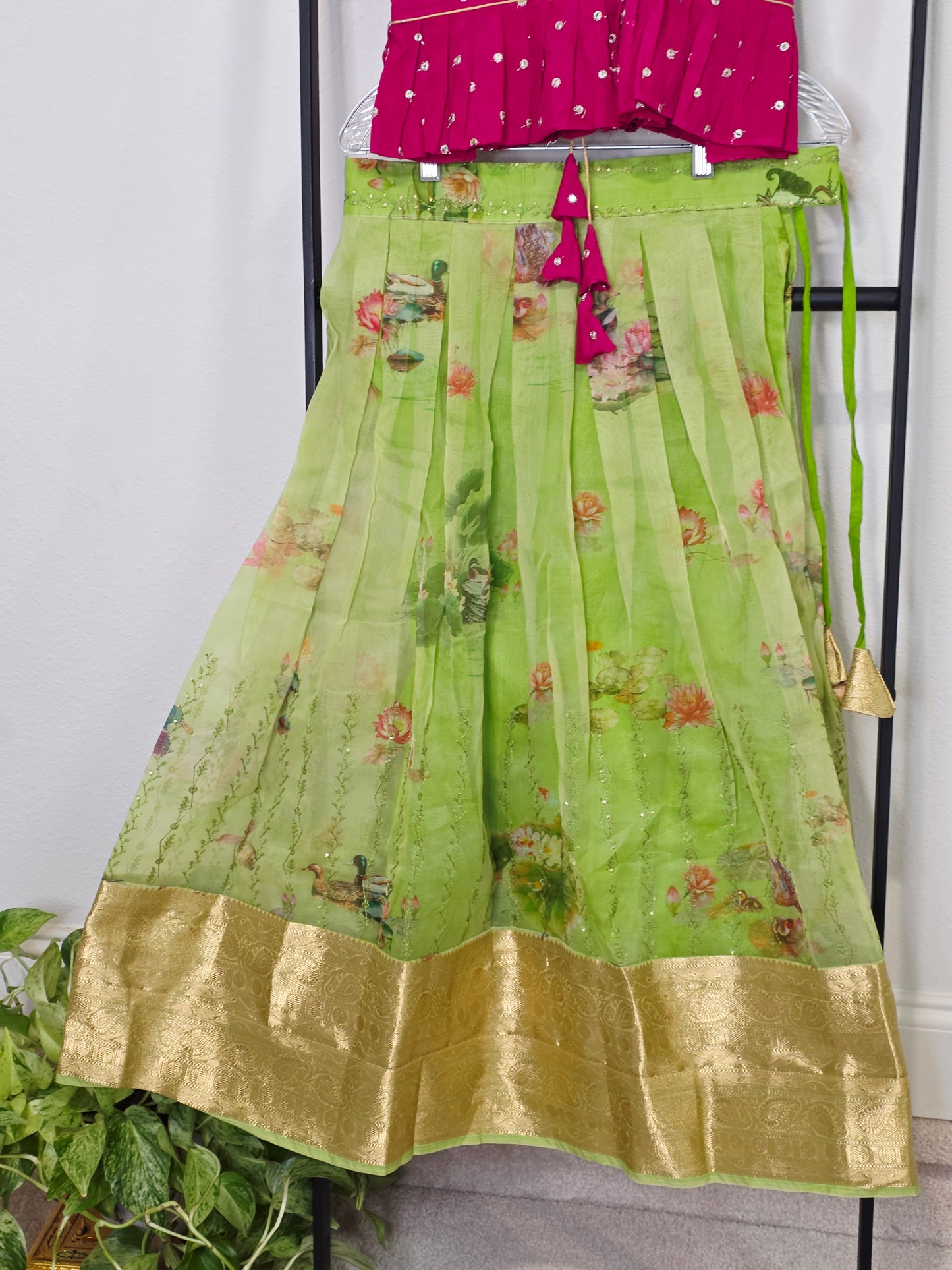 Green Organza Lehenga with Pink Chinnon Chiffon Blouse for Girls (Age 7–8)