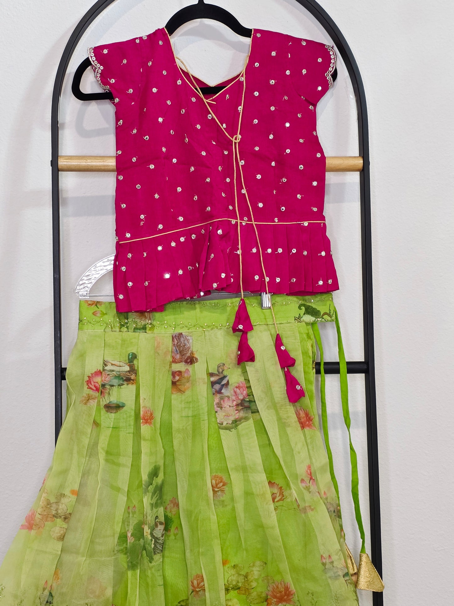 Green Organza Lehenga with Pink Chinnon Chiffon Blouse for Girls (Age 7–8)