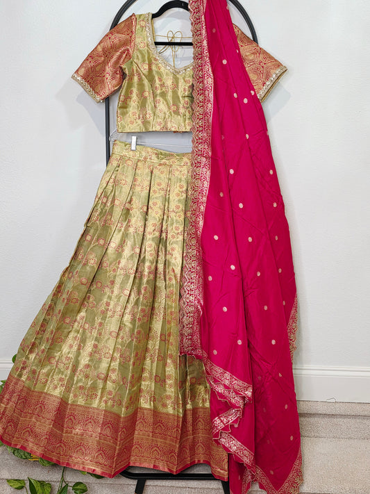 Semi Kanchi Tissue Half Saree Set with Munga Benarasi Cutwork Dupatta | Olive Gold & Rani Pink