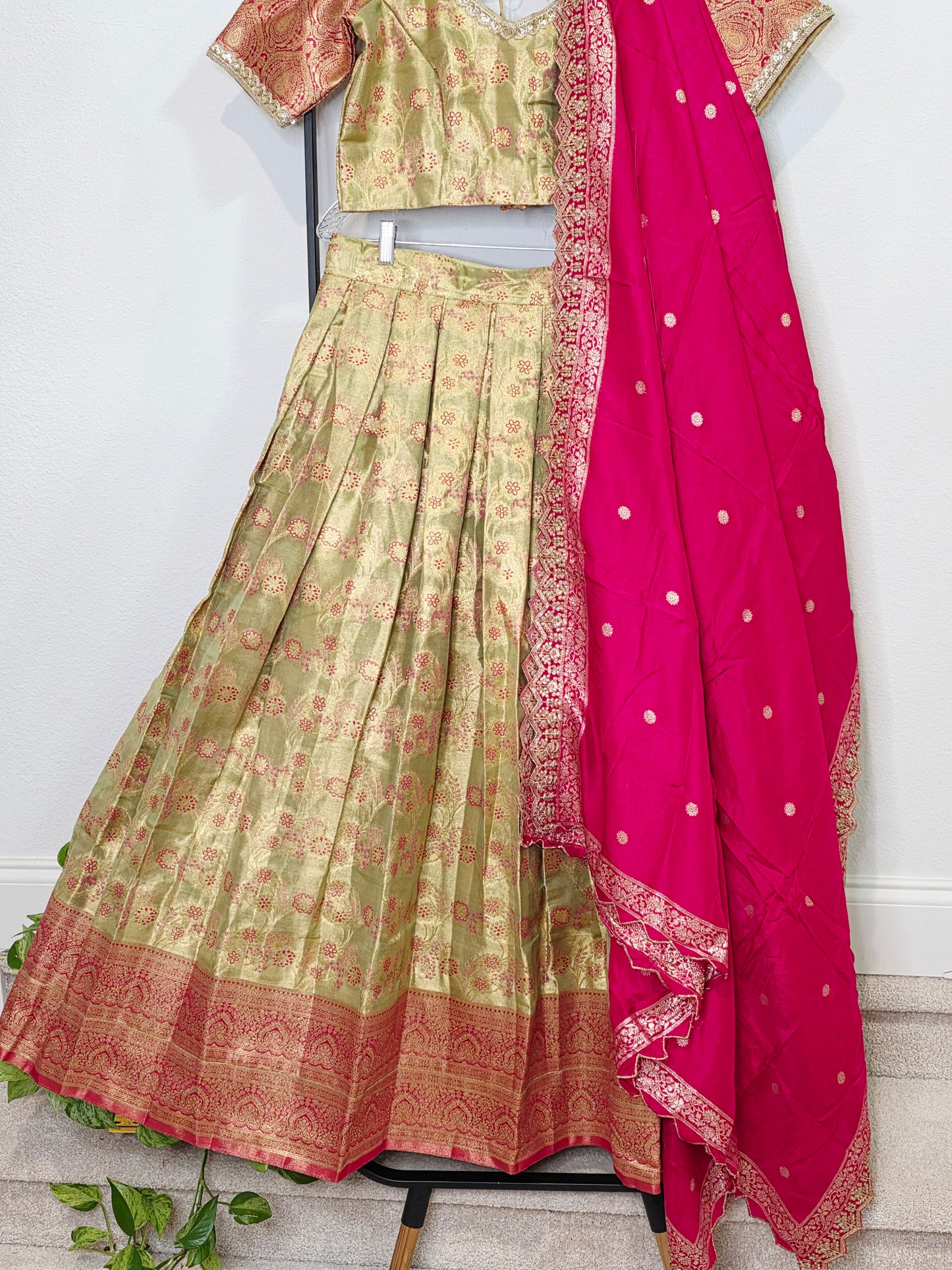 Semi Kanchi Tissue Half Saree Set with Munga Benarasi Cutwork Dupatta | Olive Gold & Rani Pink