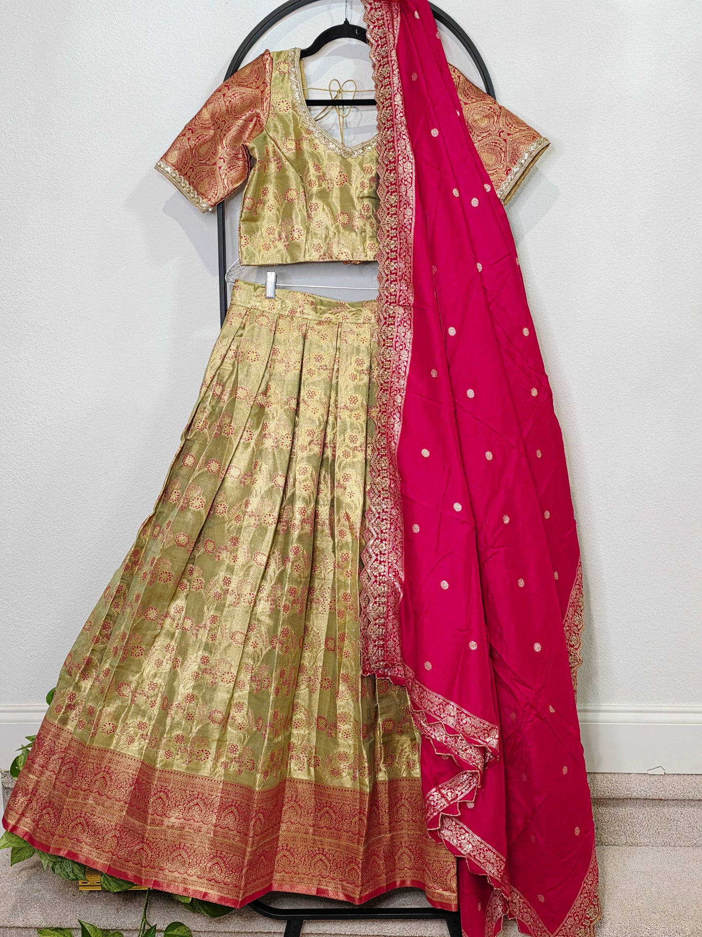 Semi Kanchi Tissue Half Saree Set with Munga Benarasi Cutwork Dupatta | Olive Gold & Rani Pink