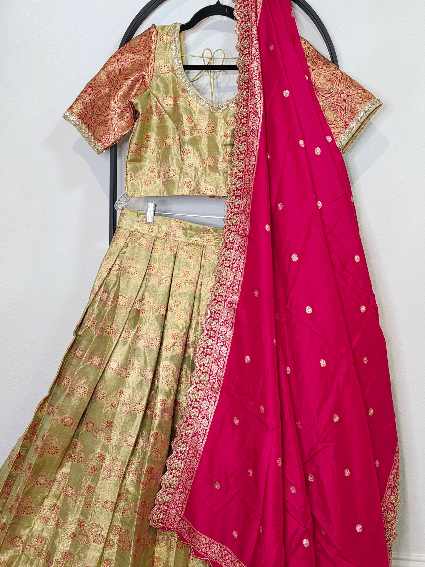 Semi Kanchi Tissue Half Saree Set with Munga Benarasi Cutwork Dupatta | Olive Gold & Rani Pink
