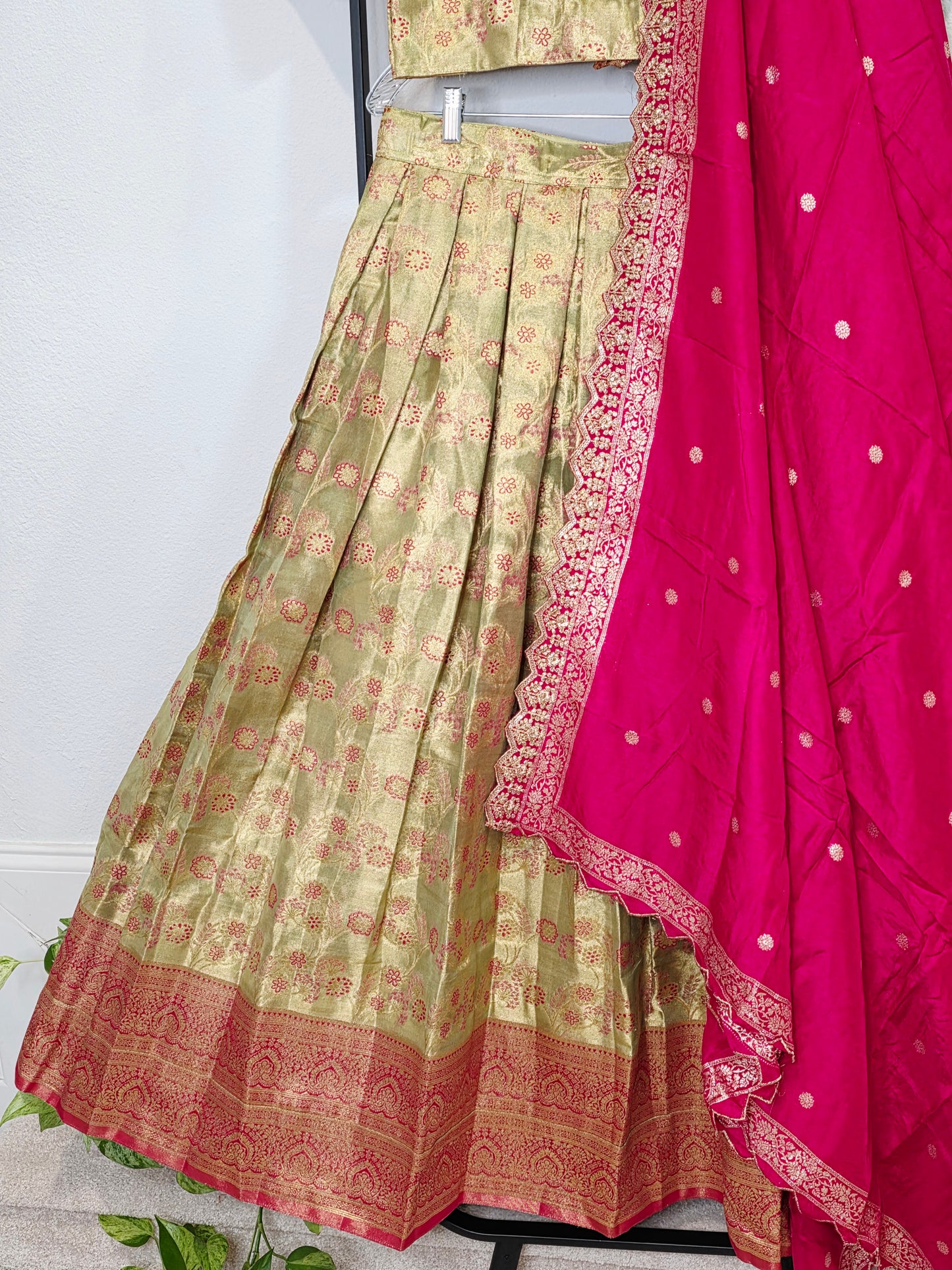 Semi Kanchi Tissue Half Saree Set with Munga Benarasi Cutwork Dupatta | Olive Gold & Rani Pink