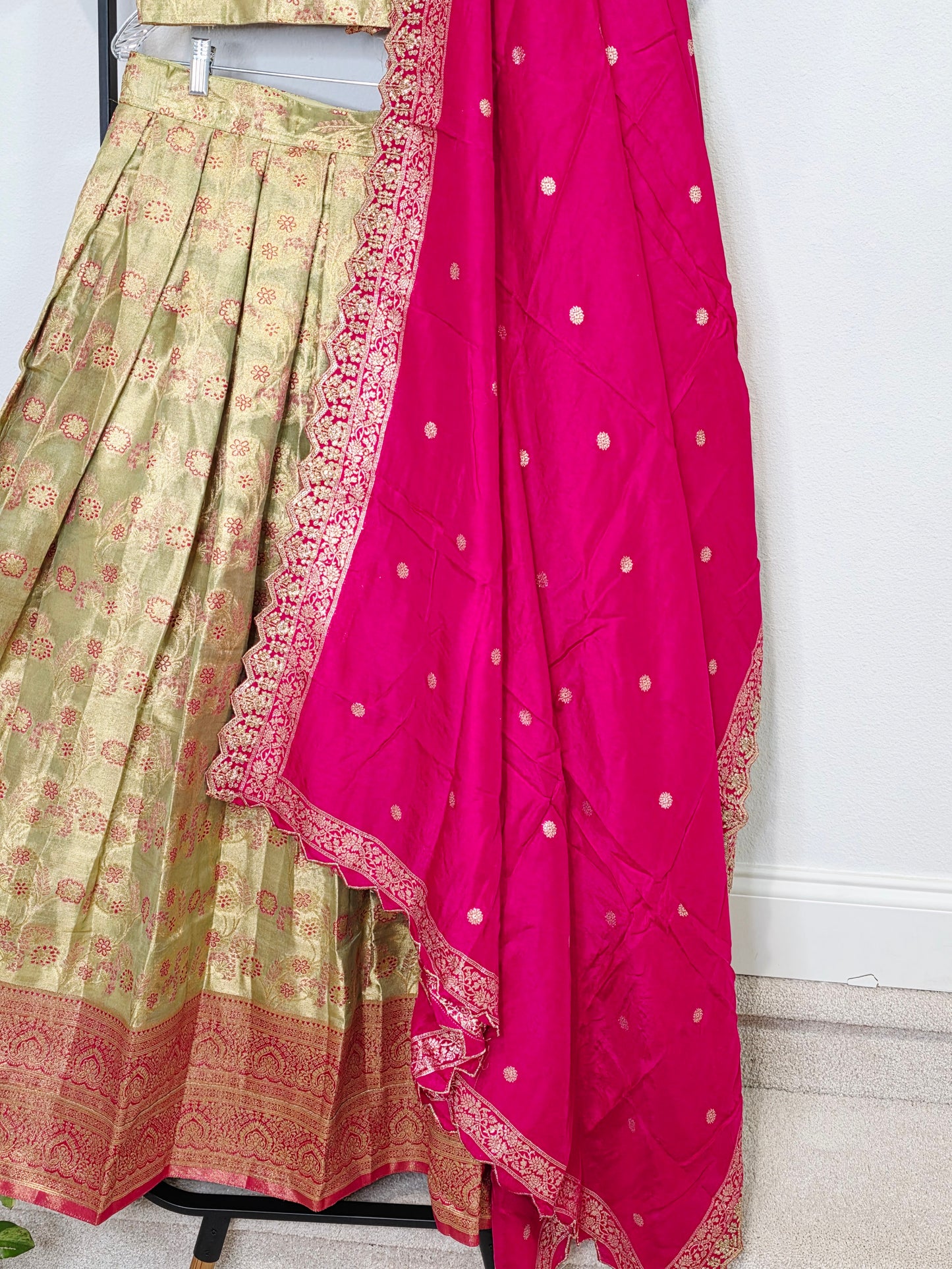 Semi Kanchi Tissue Half Saree Set with Munga Benarasi Cutwork Dupatta | Olive Gold & Rani Pink
