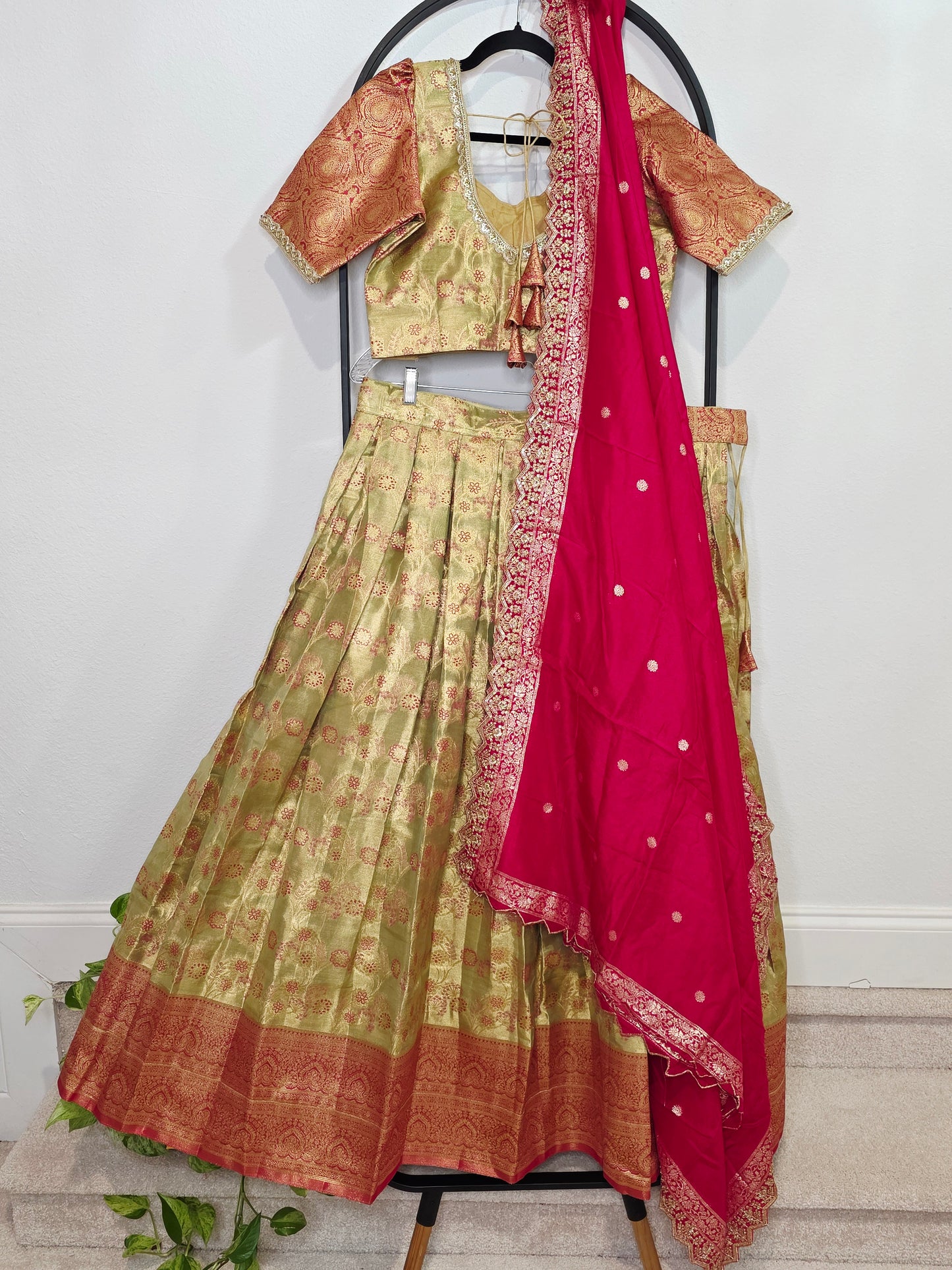 Semi Kanchi Tissue Half Saree Set with Munga Benarasi Cutwork Dupatta | Olive Gold & Rani Pink