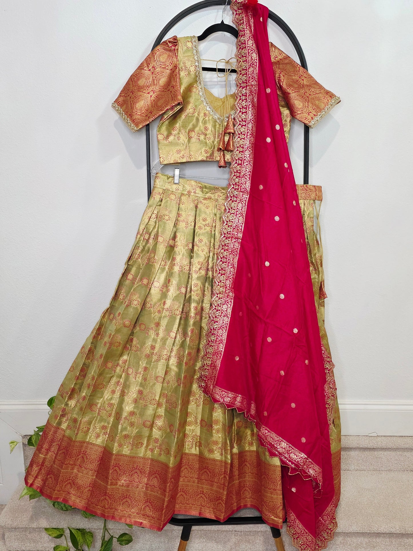 Semi Kanchi Tissue Half Saree Set with Munga Benarasi Cutwork Dupatta | Olive Gold & Rani Pink