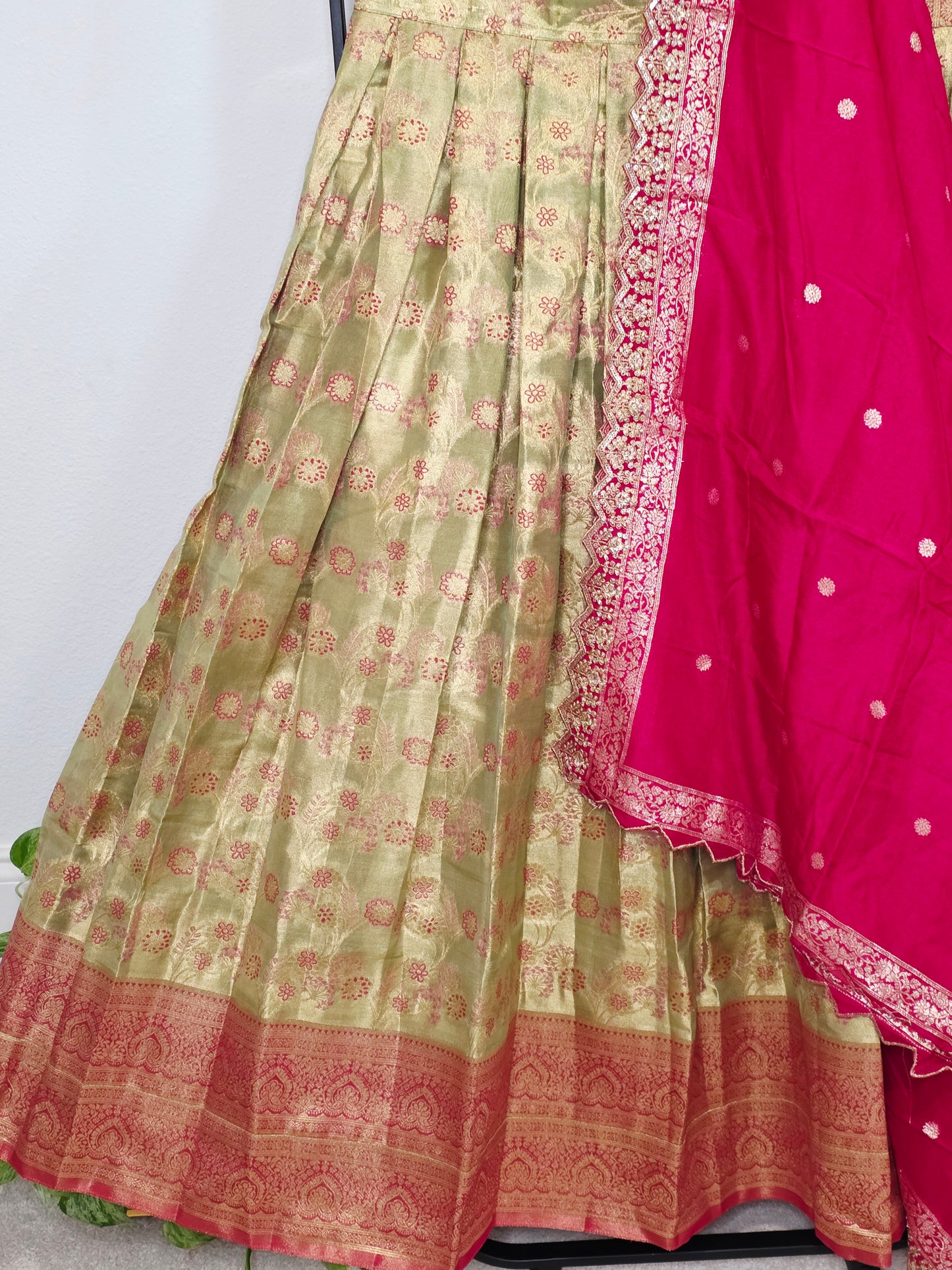 Semi Kanchi Tissue Half Saree Set with Munga Benarasi Cutwork Dupatta | Olive Gold & Rani Pink