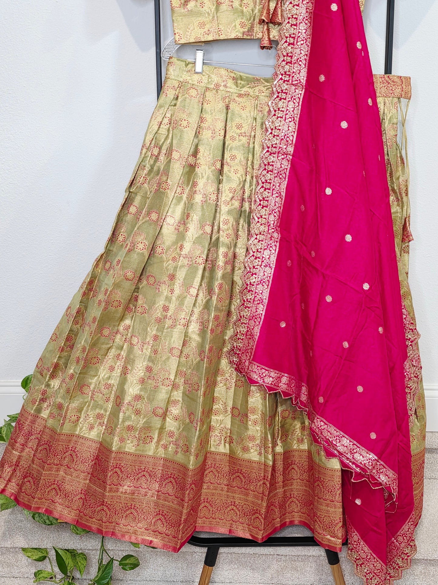 Semi Kanchi Tissue Half Saree Set with Munga Benarasi Cutwork Dupatta | Olive Gold & Rani Pink