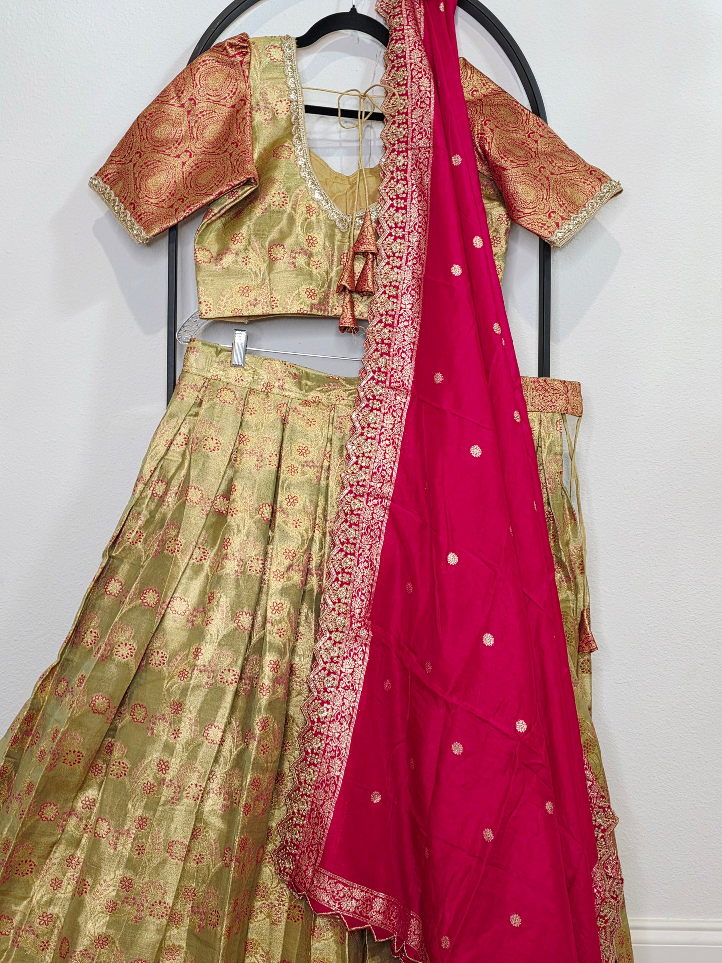 Semi Kanchi Tissue Half Saree Set with Munga Benarasi Cutwork Dupatta | Olive Gold & Rani Pink