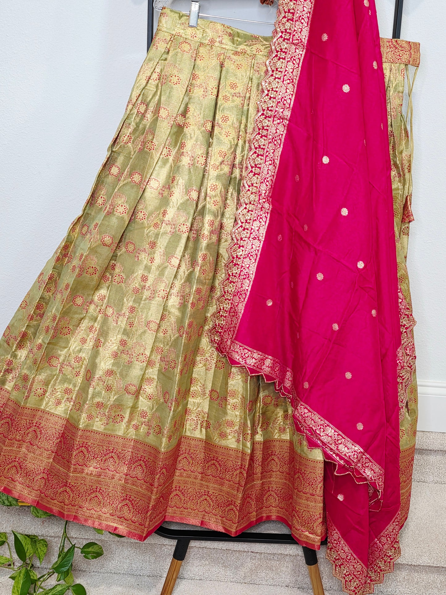 Semi Kanchi Tissue Half Saree Set with Munga Benarasi Cutwork Dupatta | Olive Gold & Rani Pink