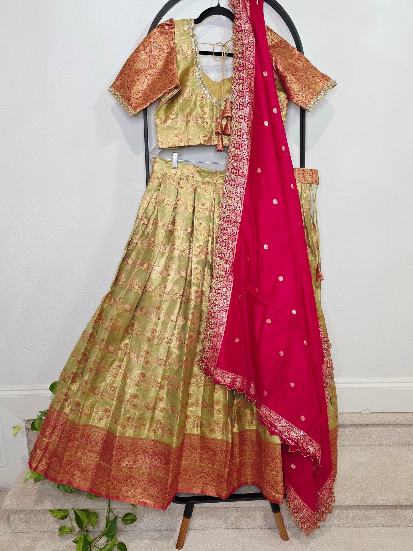 Semi Kanchi Tissue Half Saree Set with Munga Benarasi Cutwork Dupatta | Olive Gold & Rani Pink