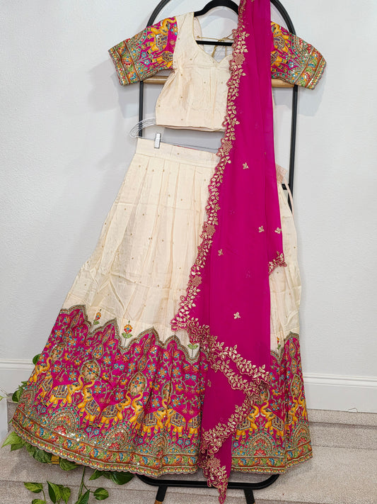 Ivory Champagne Munga Crepe Silk Lehenga with Royal Magenta Kalamkari Border & Embroidered Cutwork Dupatta