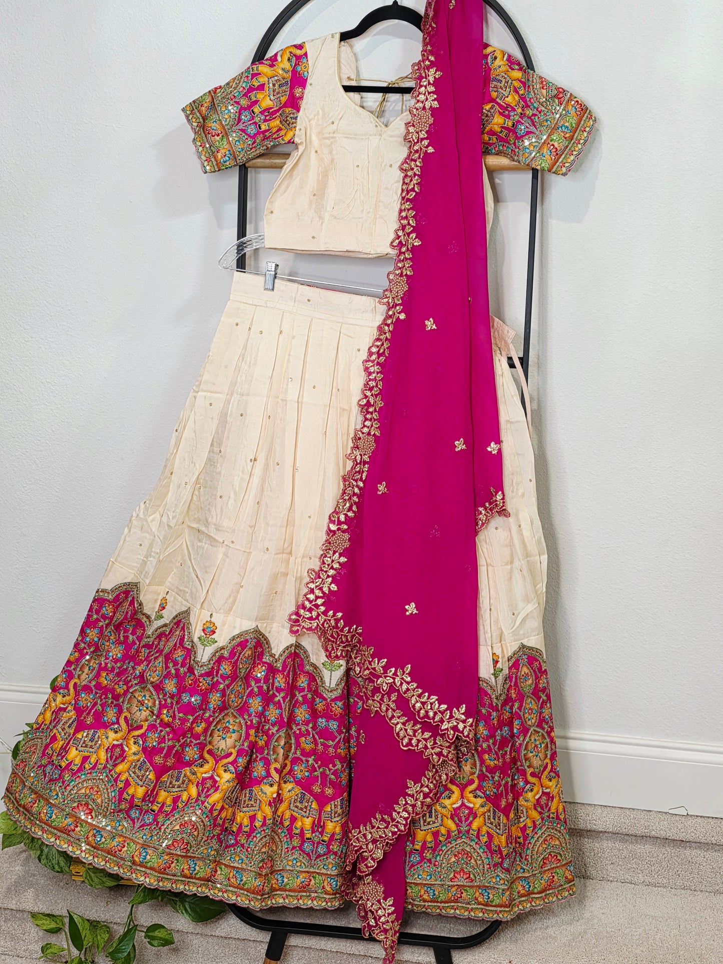 Ivory Champagne Munga Crepe Silk Lehenga with Royal Magenta Kalamkari Border & Embroidered Cutwork Dupatta