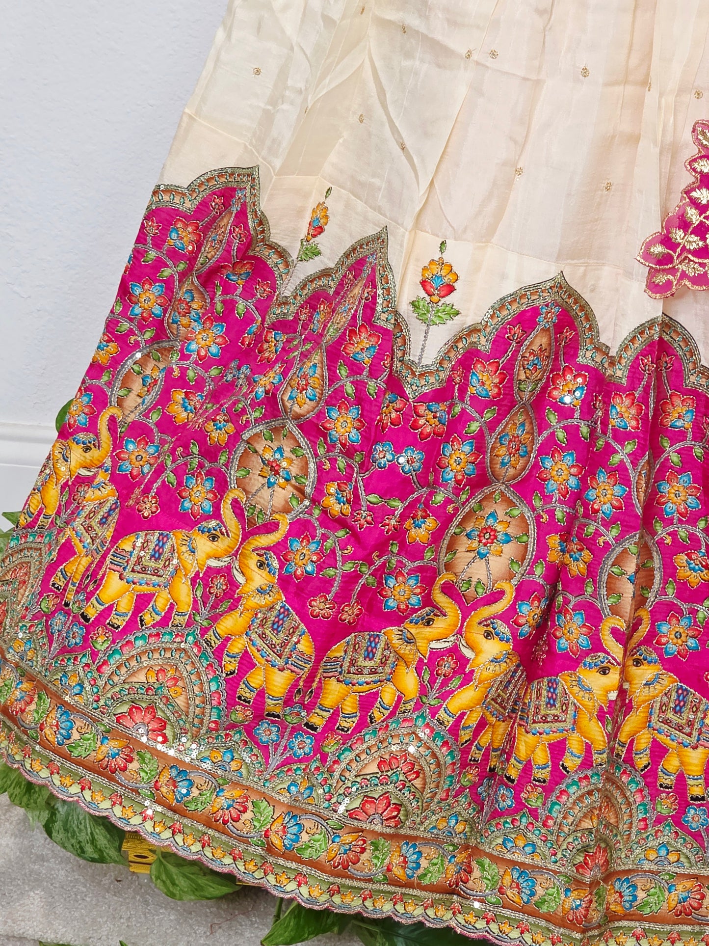 Ivory Champagne Munga Crepe Silk Lehenga with Royal Magenta Kalamkari Border & Embroidered Cutwork Dupatta
