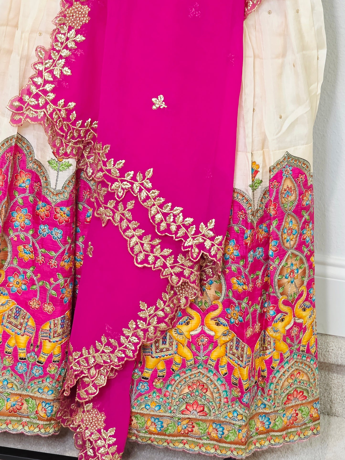 Ivory Champagne Munga Crepe Silk Lehenga with Royal Magenta Kalamkari Border & Embroidered Cutwork Dupatta