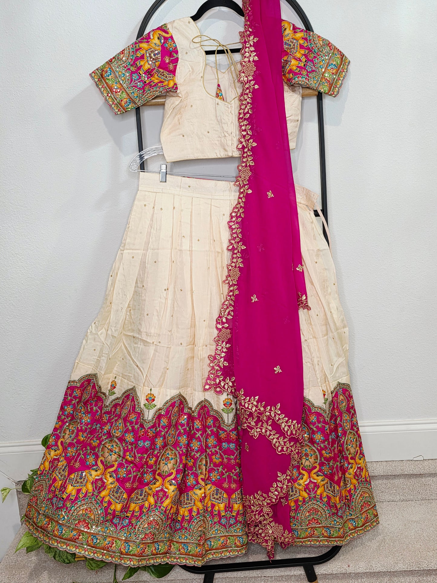 Ivory Champagne Munga Crepe Silk Lehenga with Royal Magenta Kalamkari Border & Embroidered Cutwork Dupatta