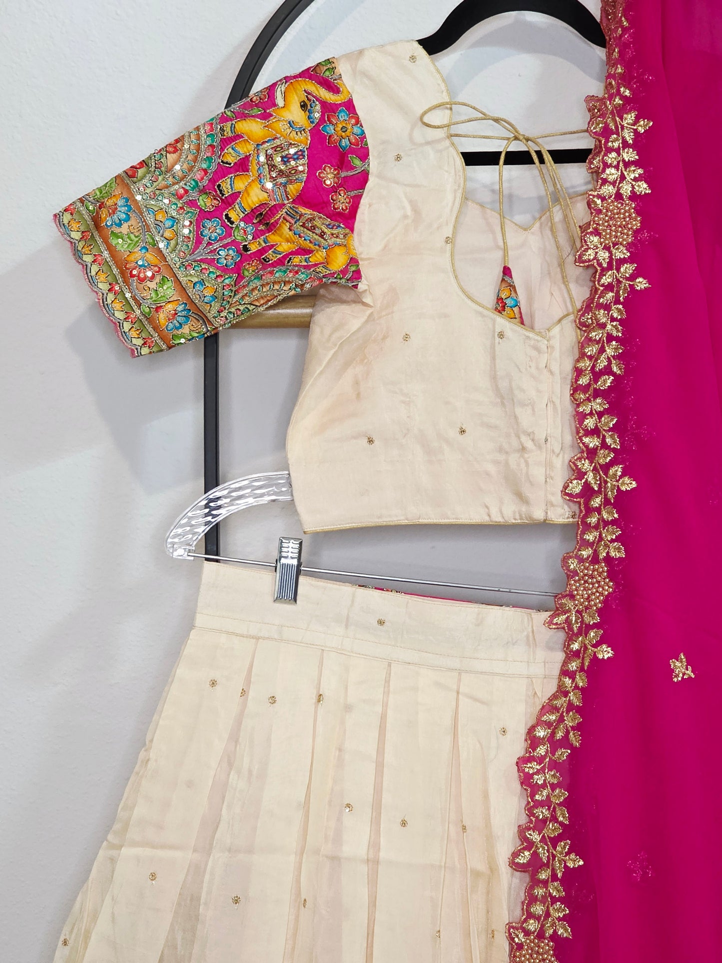Ivory Champagne Munga Crepe Silk Lehenga with Royal Magenta Kalamkari Border & Embroidered Cutwork Dupatta