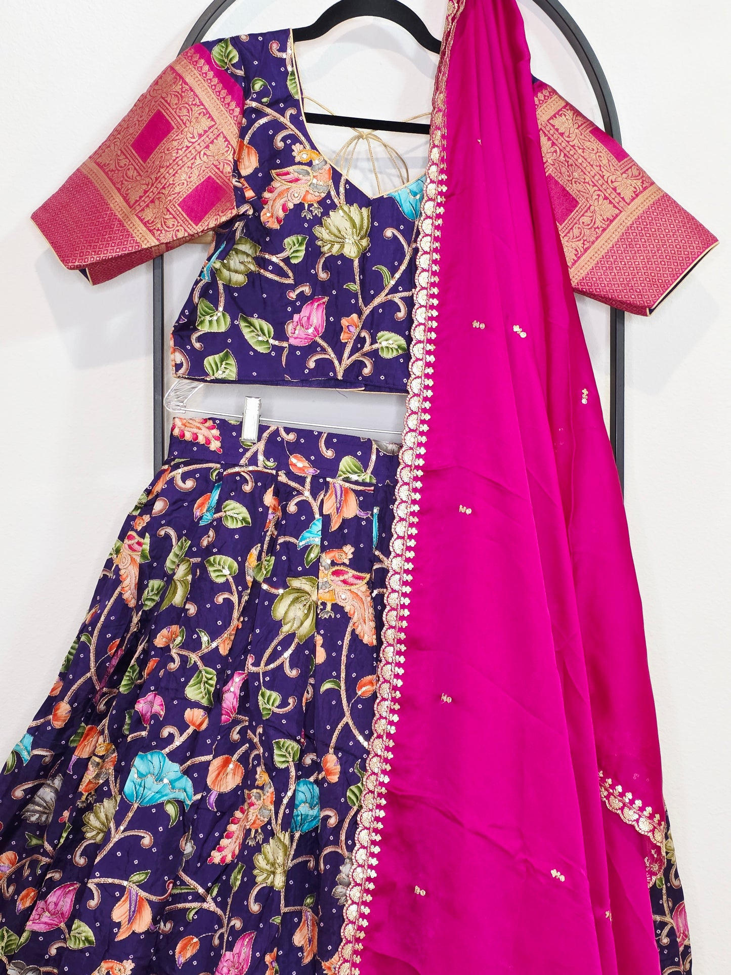 💜 Royal Purple Kalamkari Munga Crepe Silk Lehenga with Magenta Zari Border & Cutwork Embroidered Dupatta