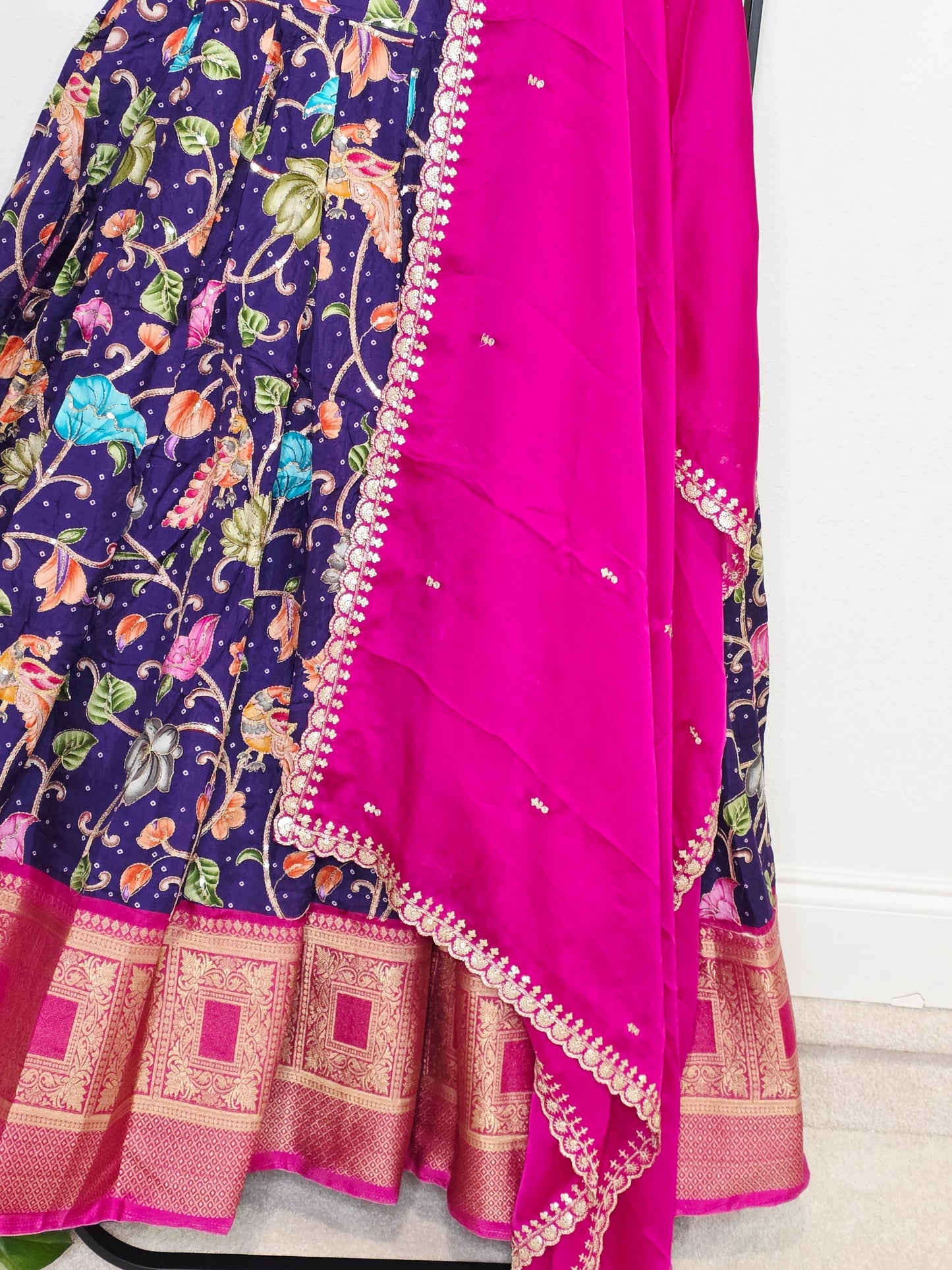 💜 Royal Purple Kalamkari Munga Crepe Silk Lehenga with Magenta Zari Border & Cutwork Embroidered Dupatta
