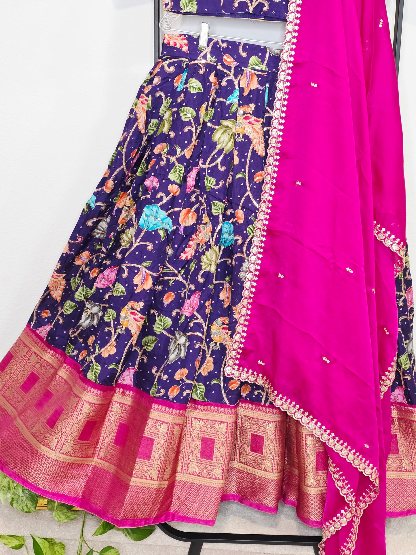 💜 Royal Purple Kalamkari Munga Crepe Silk Lehenga with Magenta Zari Border & Cutwork Embroidered Dupatta