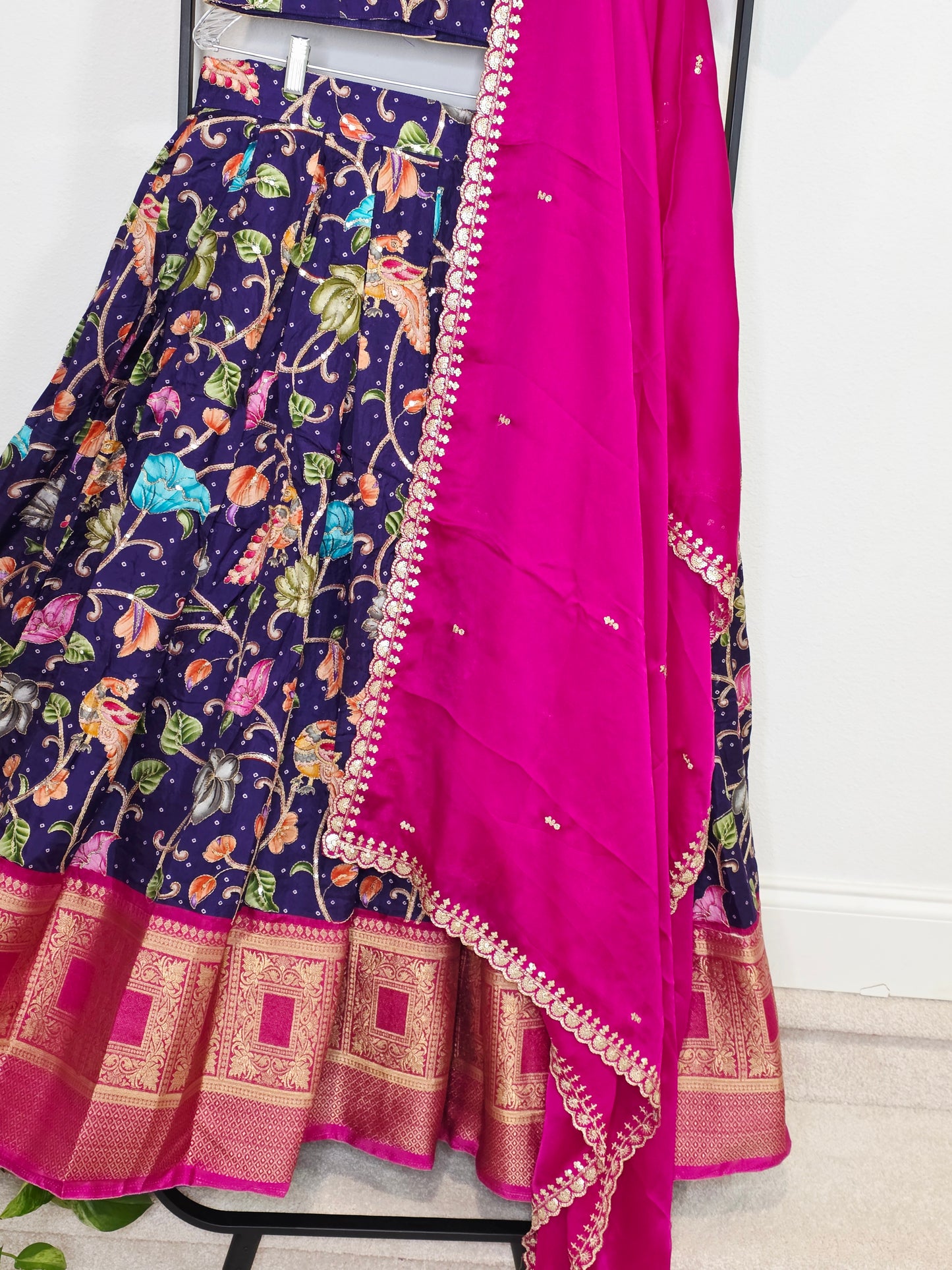 💜 Royal Purple Kalamkari Munga Crepe Silk Lehenga with Magenta Zari Border & Cutwork Embroidered Dupatta