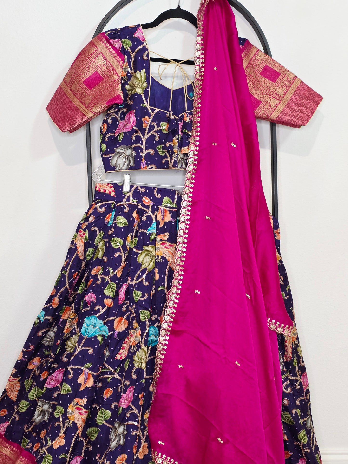 💜 Royal Purple Kalamkari Munga Crepe Silk Lehenga with Magenta Zari Border & Cutwork Embroidered Dupatta