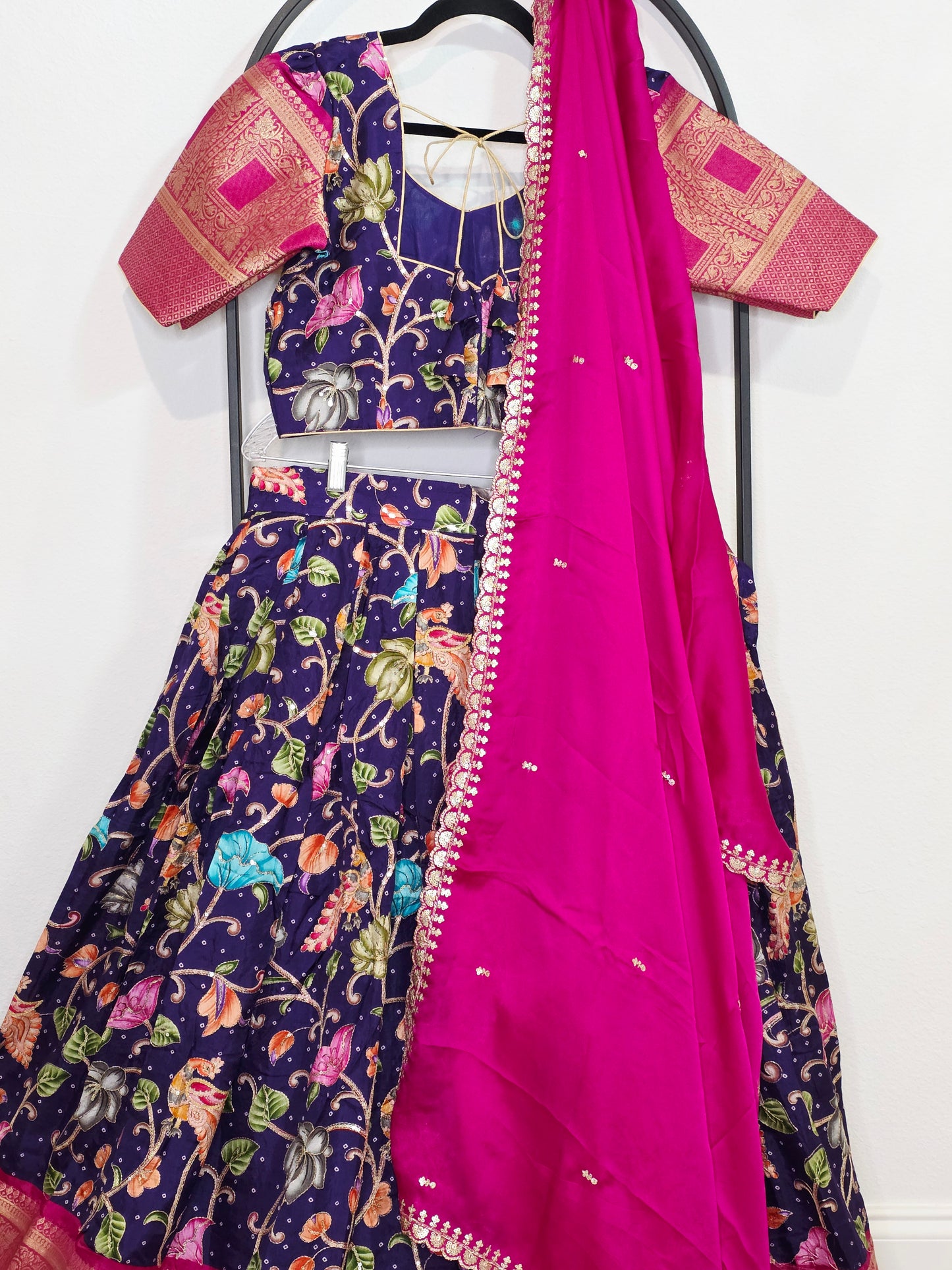 💜 Royal Purple Kalamkari Munga Crepe Silk Lehenga with Magenta Zari Border & Cutwork Embroidered Dupatta
