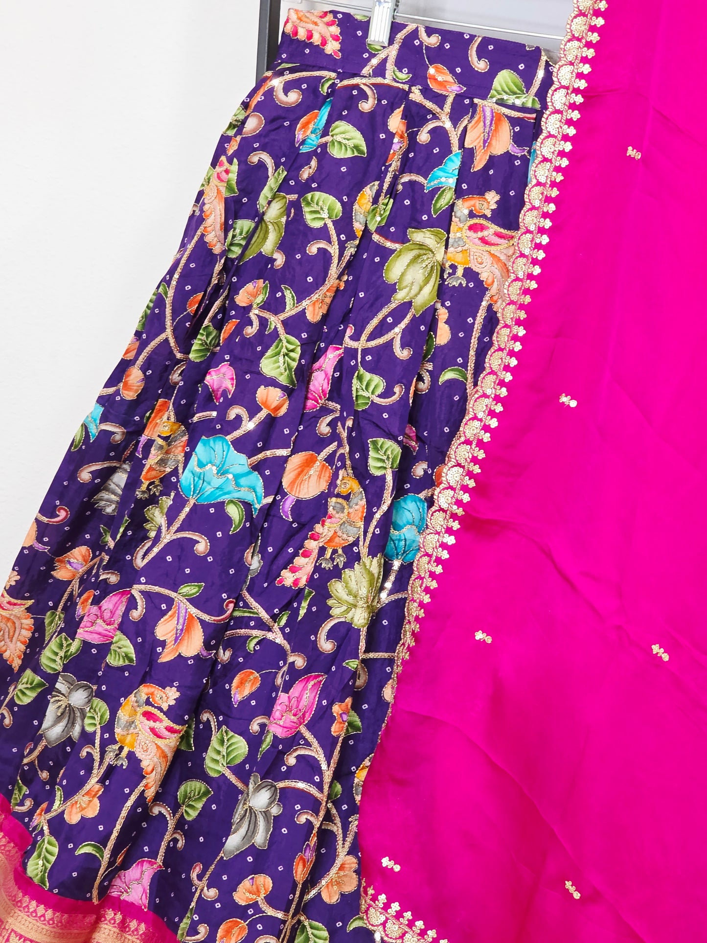 💜 Royal Purple Kalamkari Munga Crepe Silk Lehenga with Magenta Zari Border & Cutwork Embroidered Dupatta